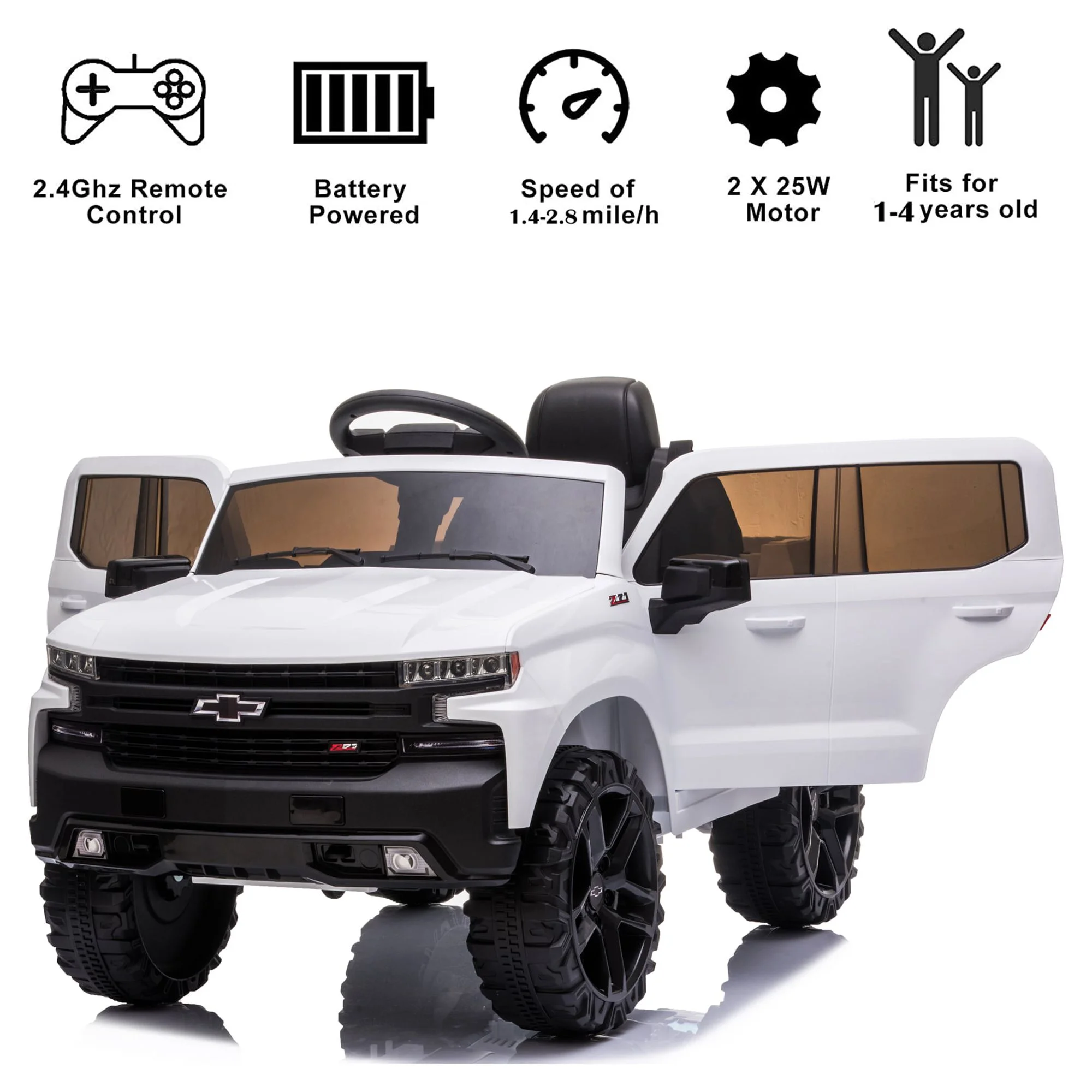 Chevrolet Silverado 12V Powered Ride on Cars for Kids, Remote Control, LED Light, MP3 Player, Electric Ride on Toys Truck for Boys Girls Gifts, White - Womvr
