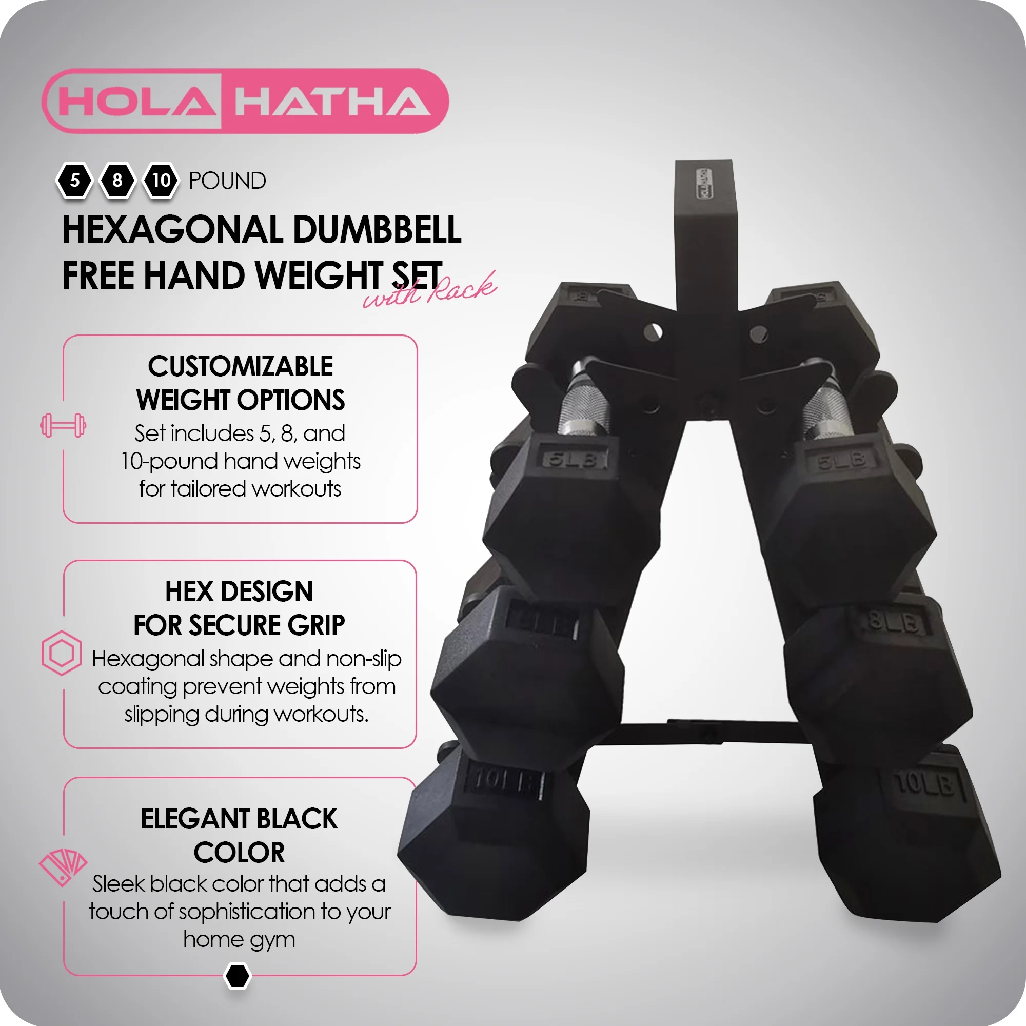 HolaHatha 5, 10, 15, 20 and 25 Pound Hexagonal Dumbbell Weight Set w/Rack - Womvr