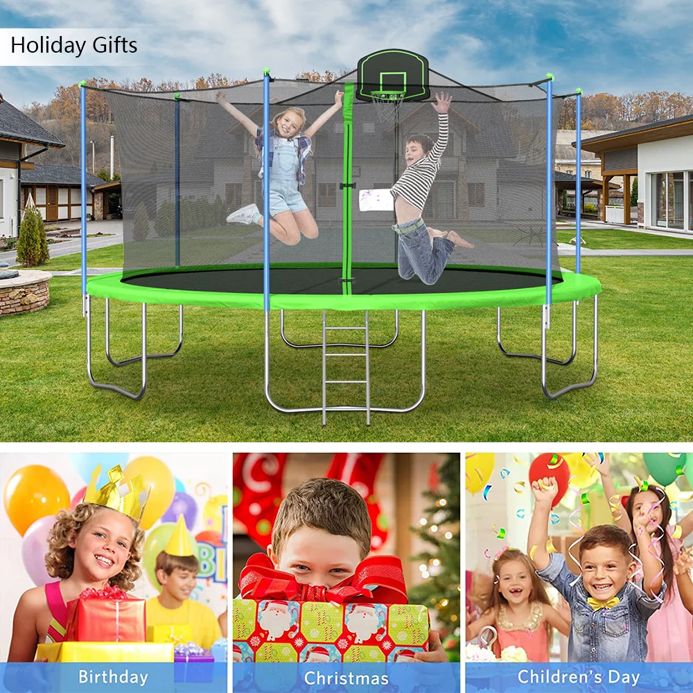 SEGMART 14FT Blue Trampoline for Kids with Basketball Hoop and Enclosure Net/Ladder, Blue - Womvr