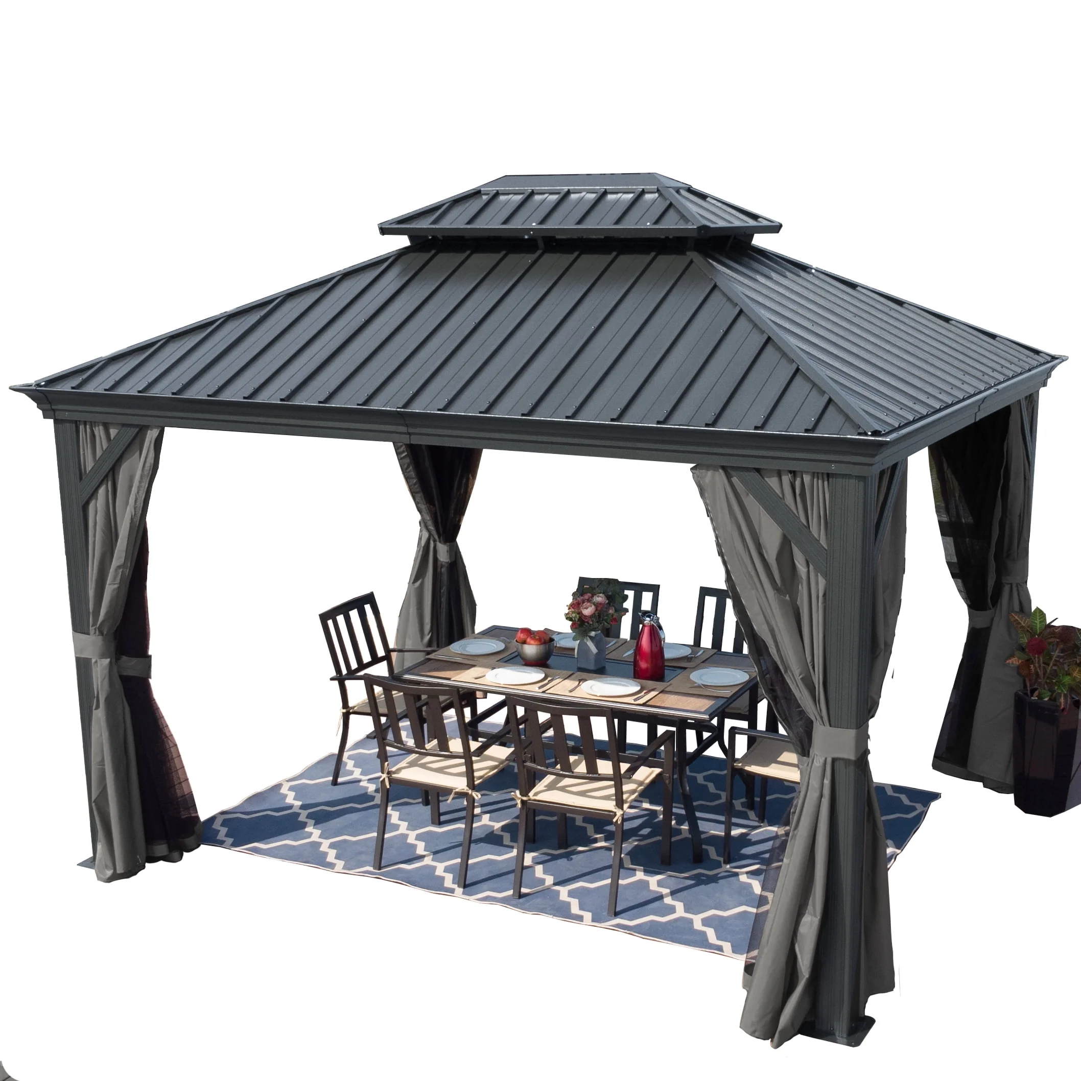 Kozyard Alexander Hardtop 12 ft. W x 10 ft. D Aluminum Hardtop Gazebo (Brown) - Womvr