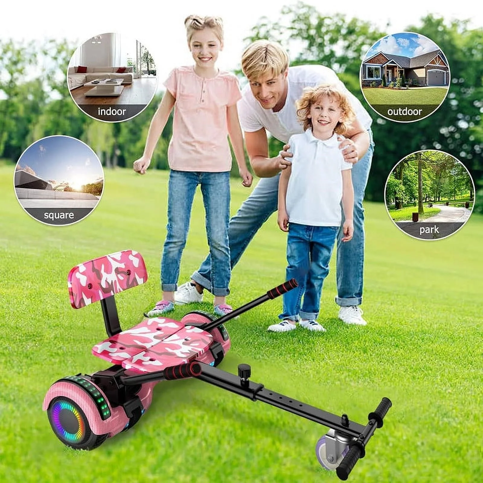 SISIGAD Hoverboard with Seat, 6.5 inch Hoverboard Go Kart Combo with Bluetooth Speaker & LED Lights for Kids Adults - Womvr