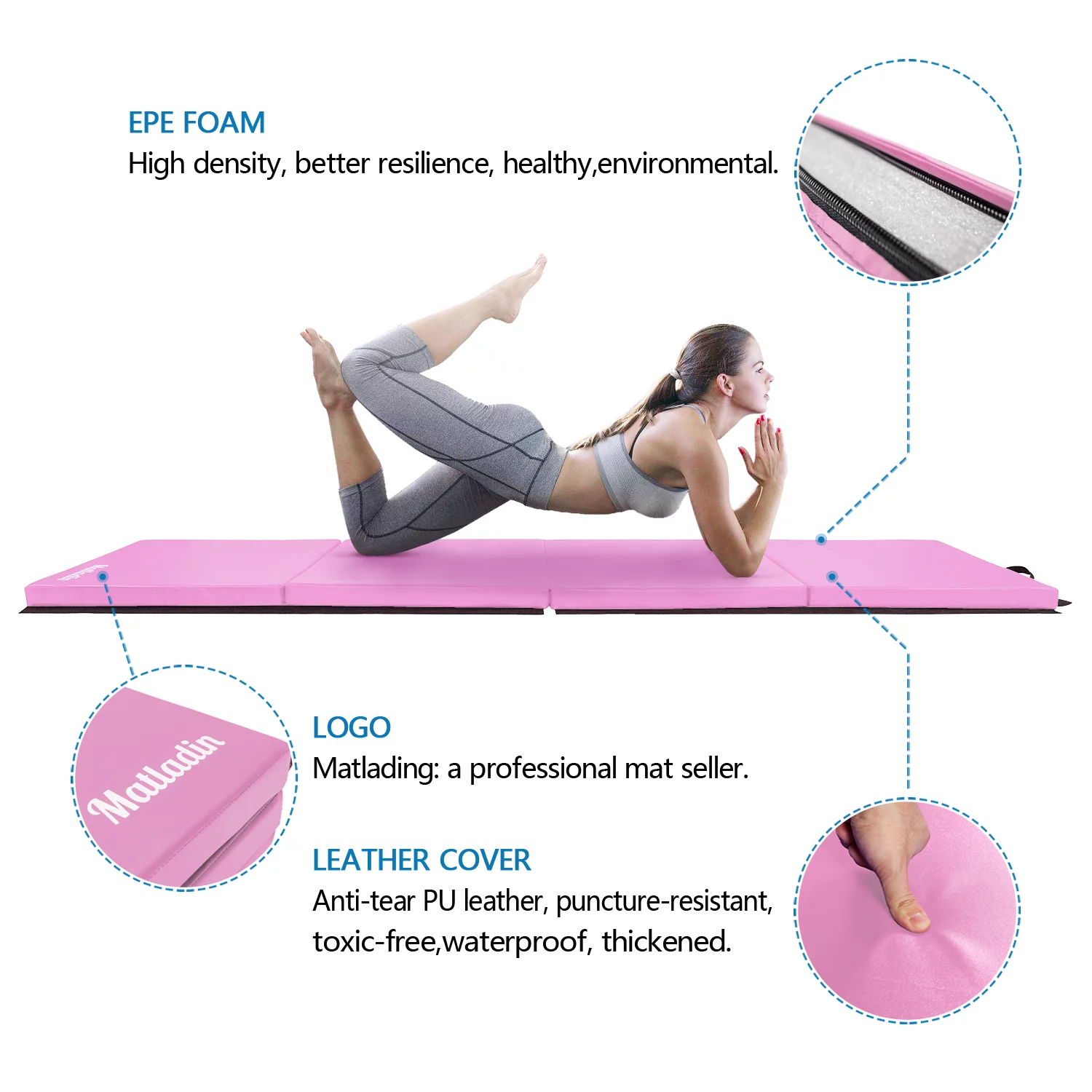 Matladin 8' Folding Gymnastics Gym Exercise Aerobics Mat, 8ft x 2ft x 2in PU Leather Tumbling Mats (Pink) - Womvr