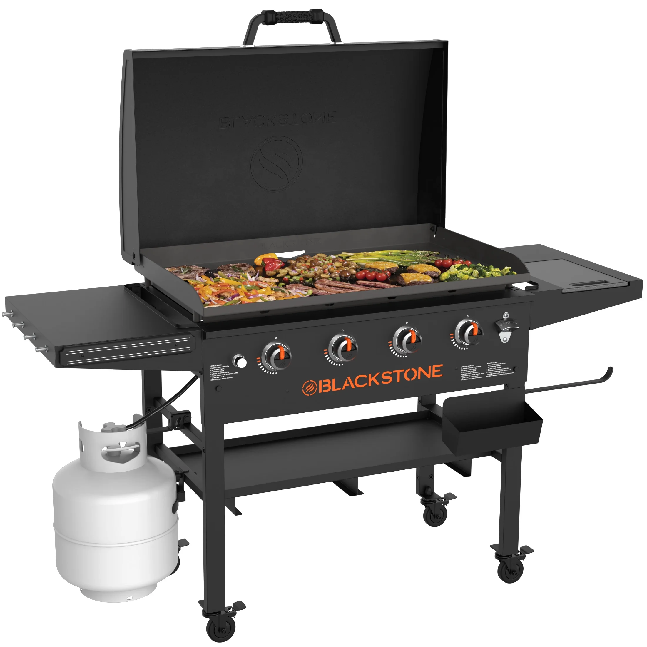 Blackstone Original 4-Burner 36” Propane Griddle with Hood and Omnivore Griddle Plate - Womvr