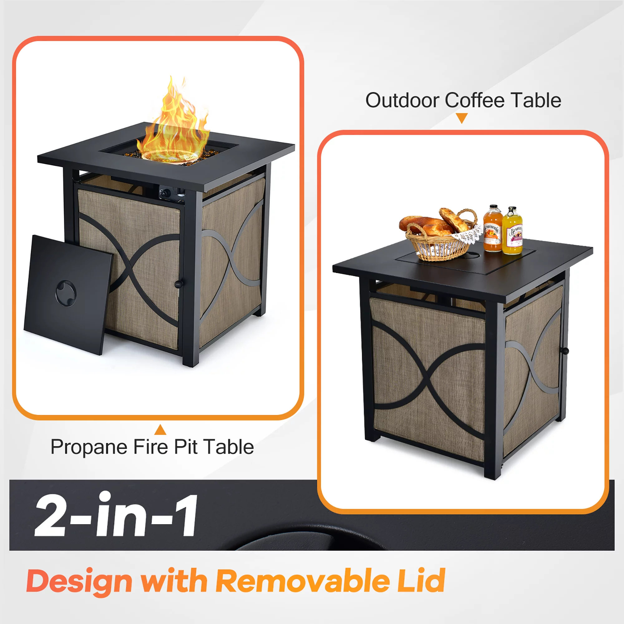 Costway 25-Inch Square Propane Fire Pit Table 40000 BTU W/ Lid, Fire Glass - Womvr