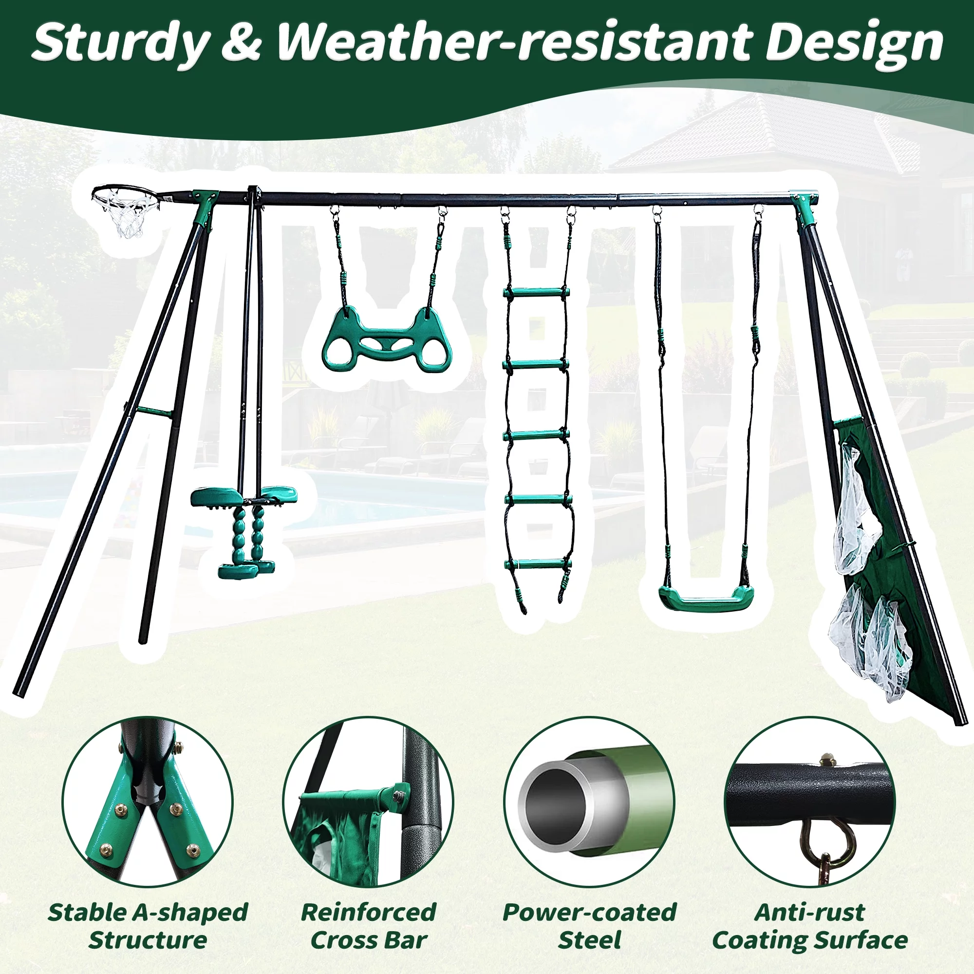 5 in 1 Metal Swing Set for Outside, Kids Backyard Swing Set with Swing Chair, Slide, Glider, Ground Nail, Outdoor Backyard Playground Swing Sets for 3-8 Year, Max Weight 700 lbs - Womvr