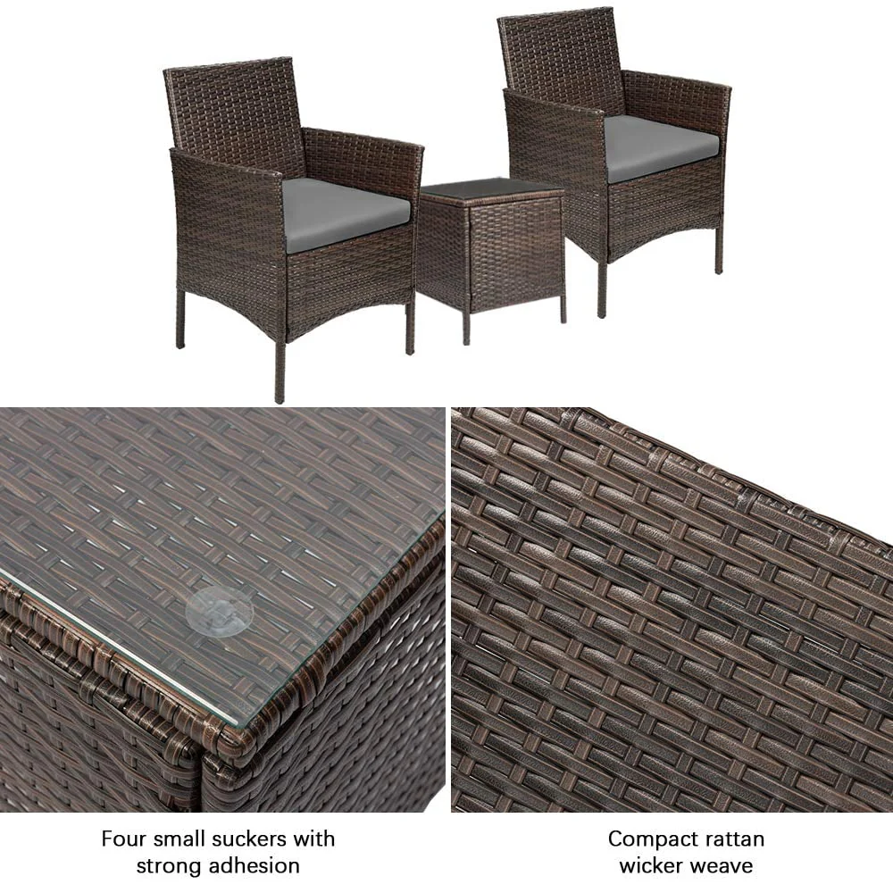 Lacoo 3 Pieces Outdoor Patio Furniture PE Rattan Wicker Table and Chairs Set Bar Set with Cushioned Tempered Glass, Brown/Beige, 2 - Womvr