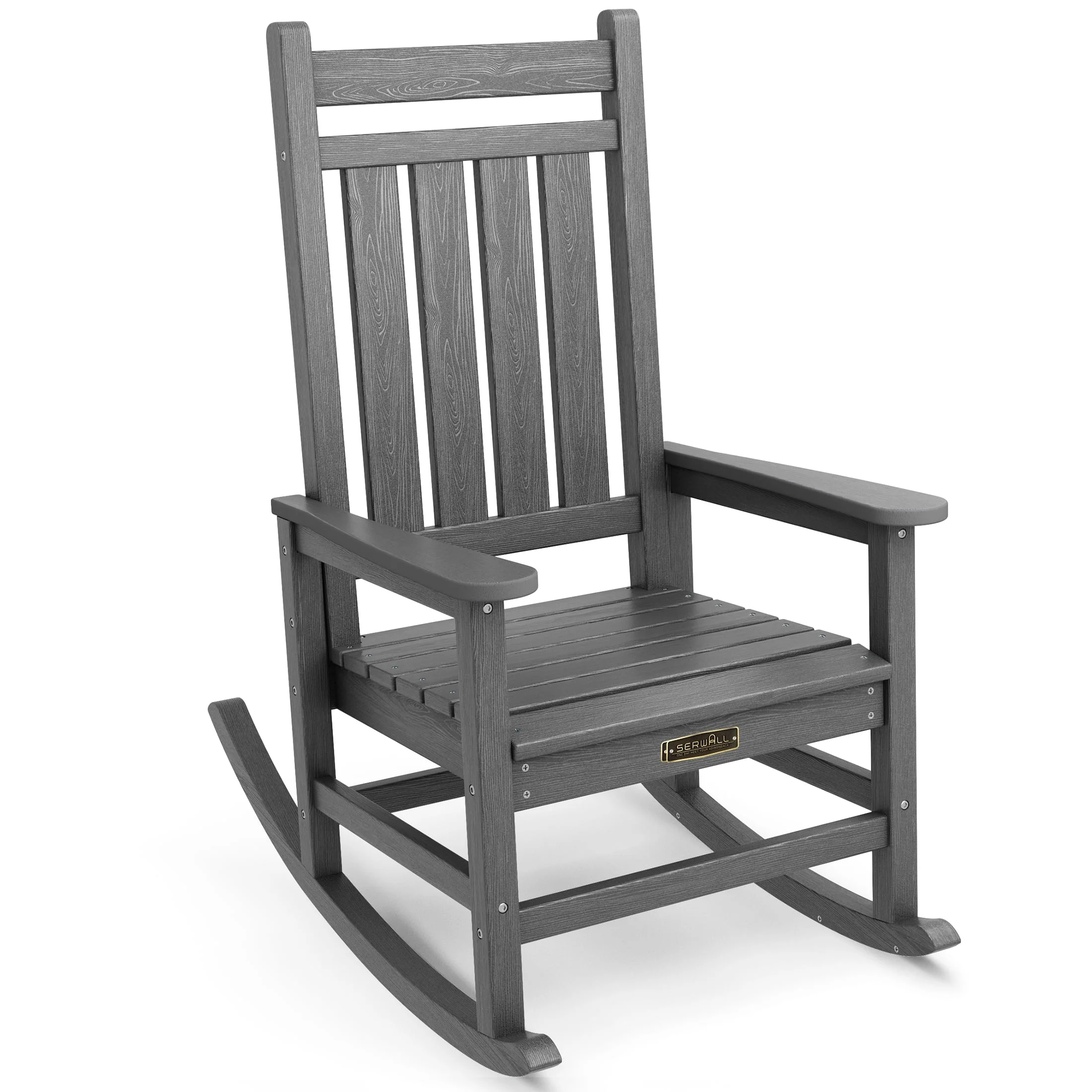 SERWALL Outdoor Oversized Slat Rocking Chair, HDPE Plastic Porch Rocker, Gray - Womvr