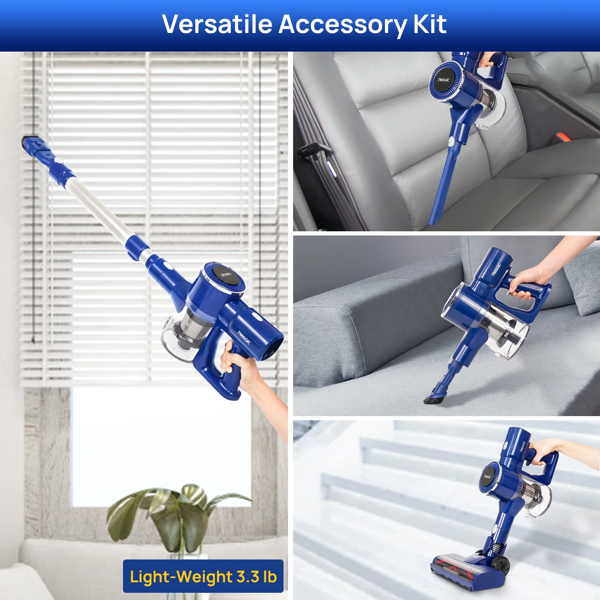 7MAGIC Cordless Vacuum Cleaner, Stick Vacuum Cleaner with 25Kpa Suction for Carpet, Hard Surfaces and Pet Hair, 40 Mins Runtime, 6 in 1 Lightweight Handheld Vacuum for Home and Car - Womvr