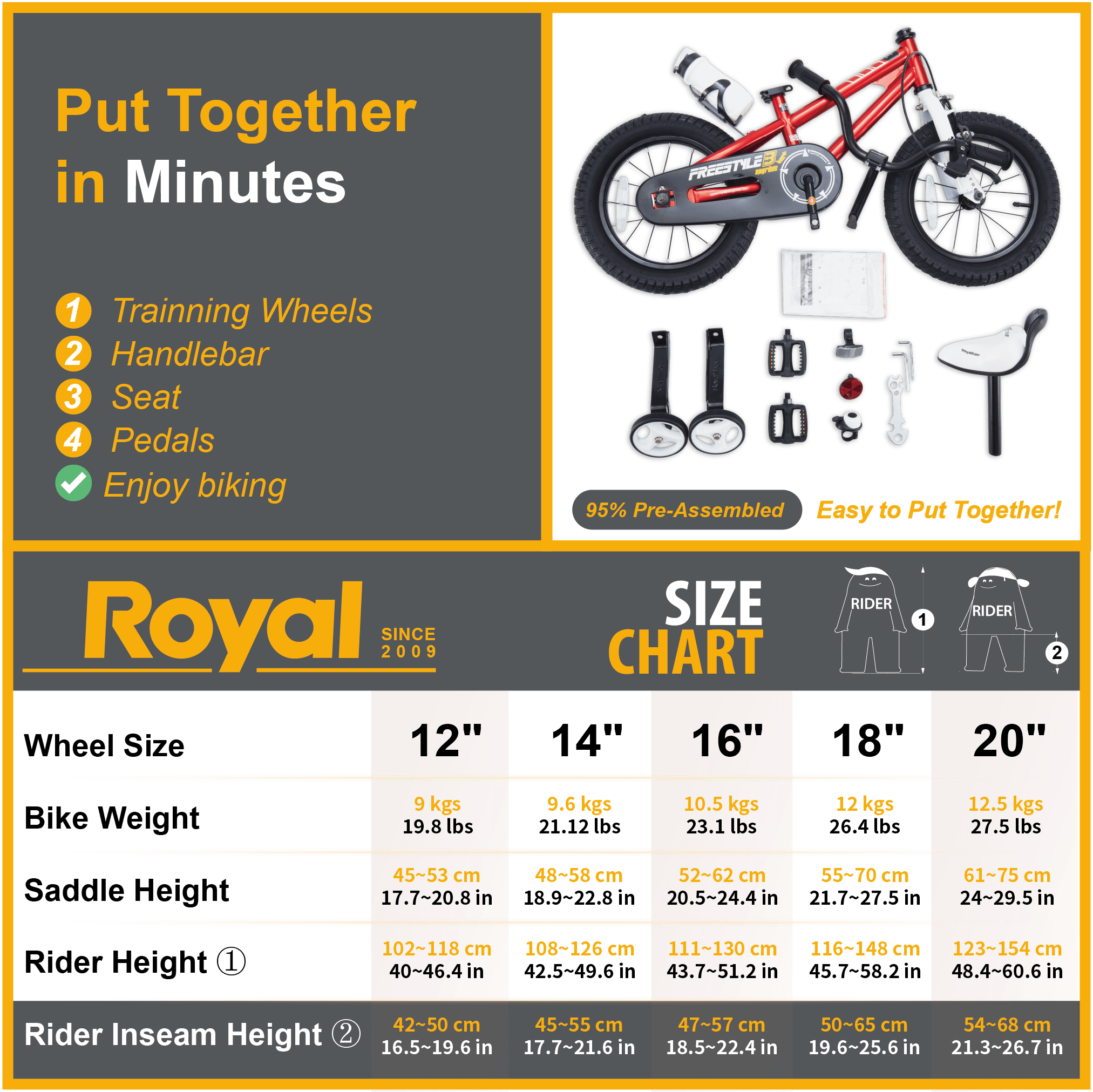 Royalbaby Freestyle Kids Bike 12 14 16 18 20 Inch Bicycle for Boys Girls Ages 3-12 Years, Multiple Color Options - Womvr