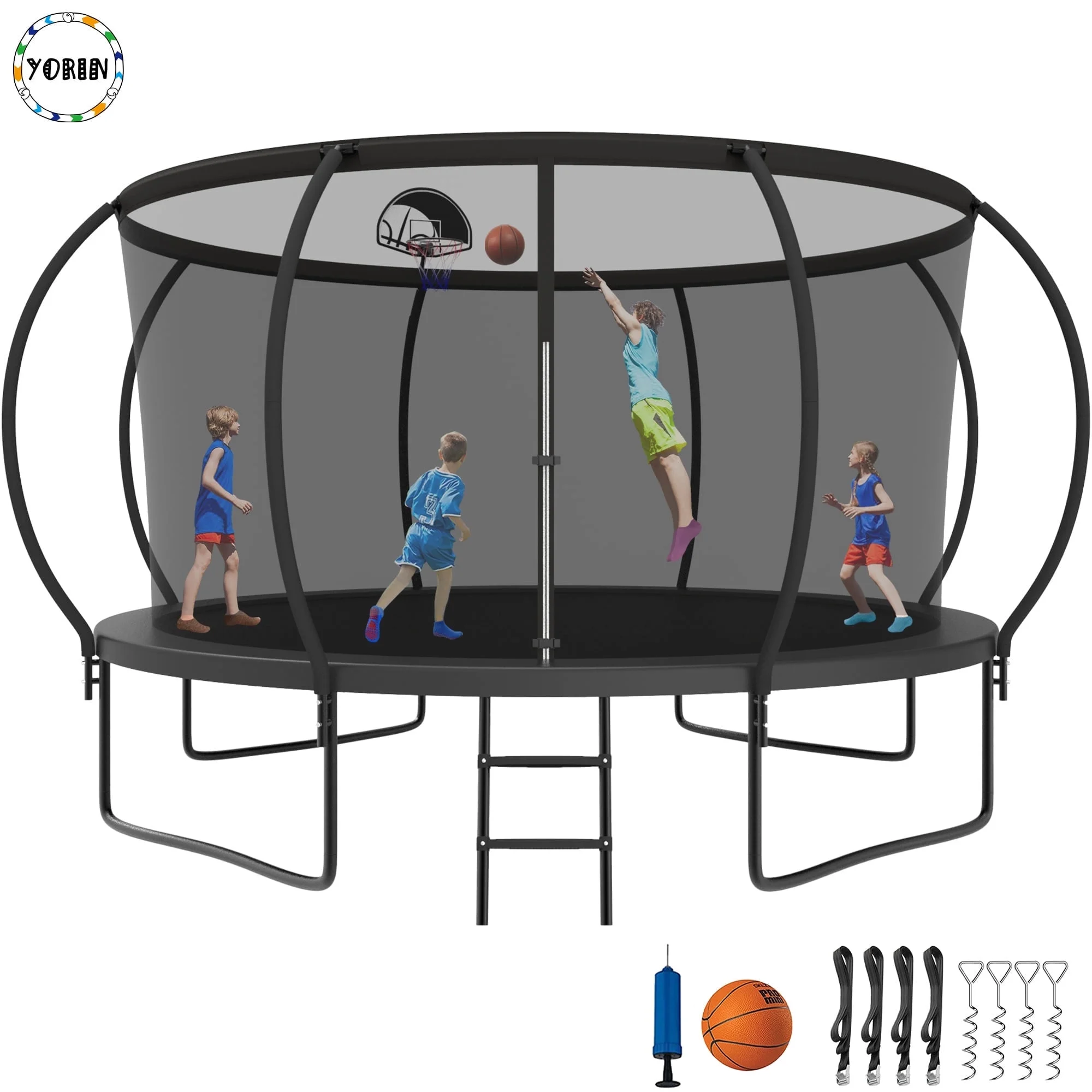 YORIN Trampoline for 7-8 Kids, 14 FT Trampoline for Adults with Enclosure Net, Basketball Hoop, Ladder, 1400LBS Weight Capacity Outdoor Recreational Trampoline, Heavy Duty Trampoline - Womvr