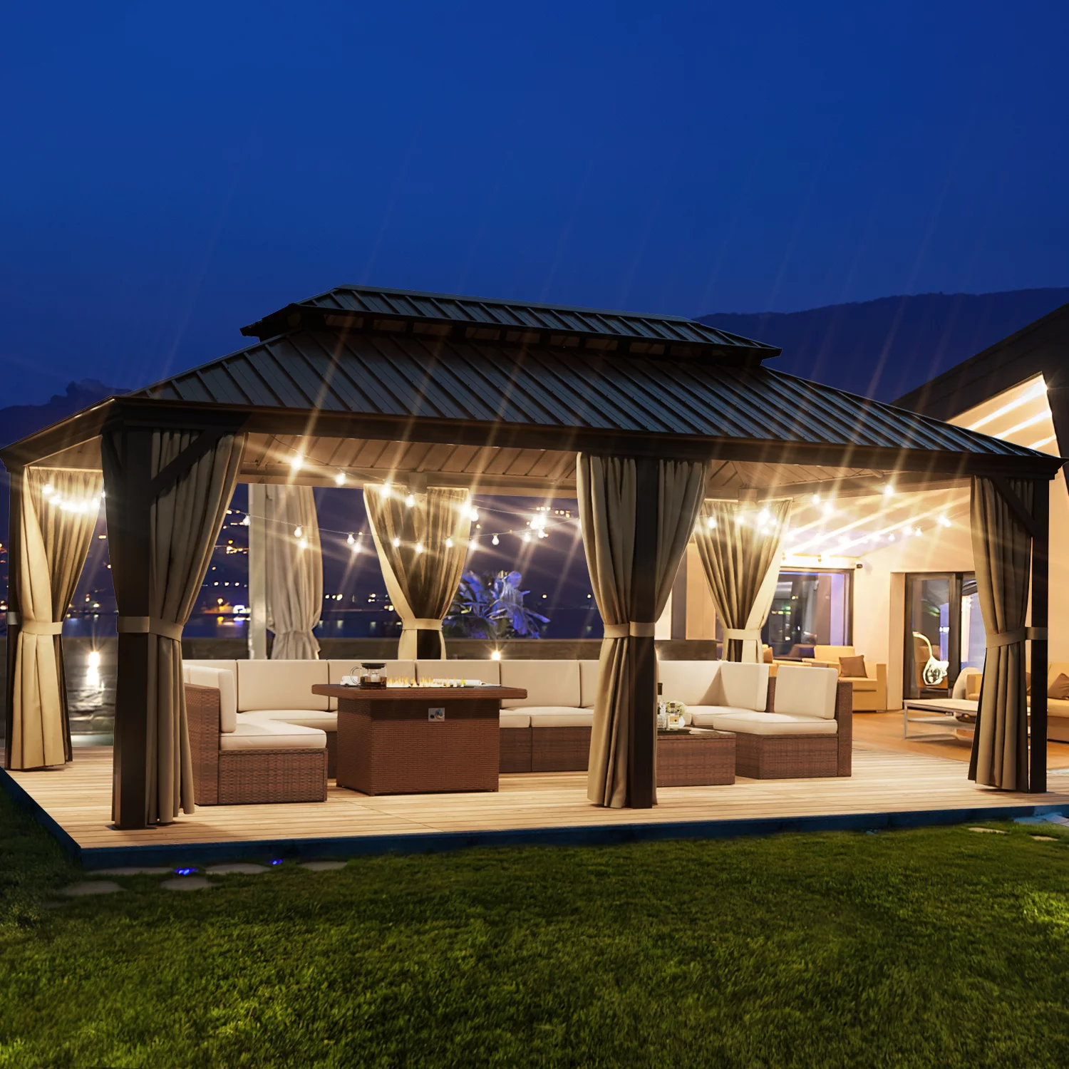 Aoxun 10'x12' Hardtop Gazebo, Outdoor Steel Double Roof Canopy, Aluminum Frame Permanent Pavilion with Curtains and Netting, Sunshade for Garden, Patio, Lawns, Black - Womvr