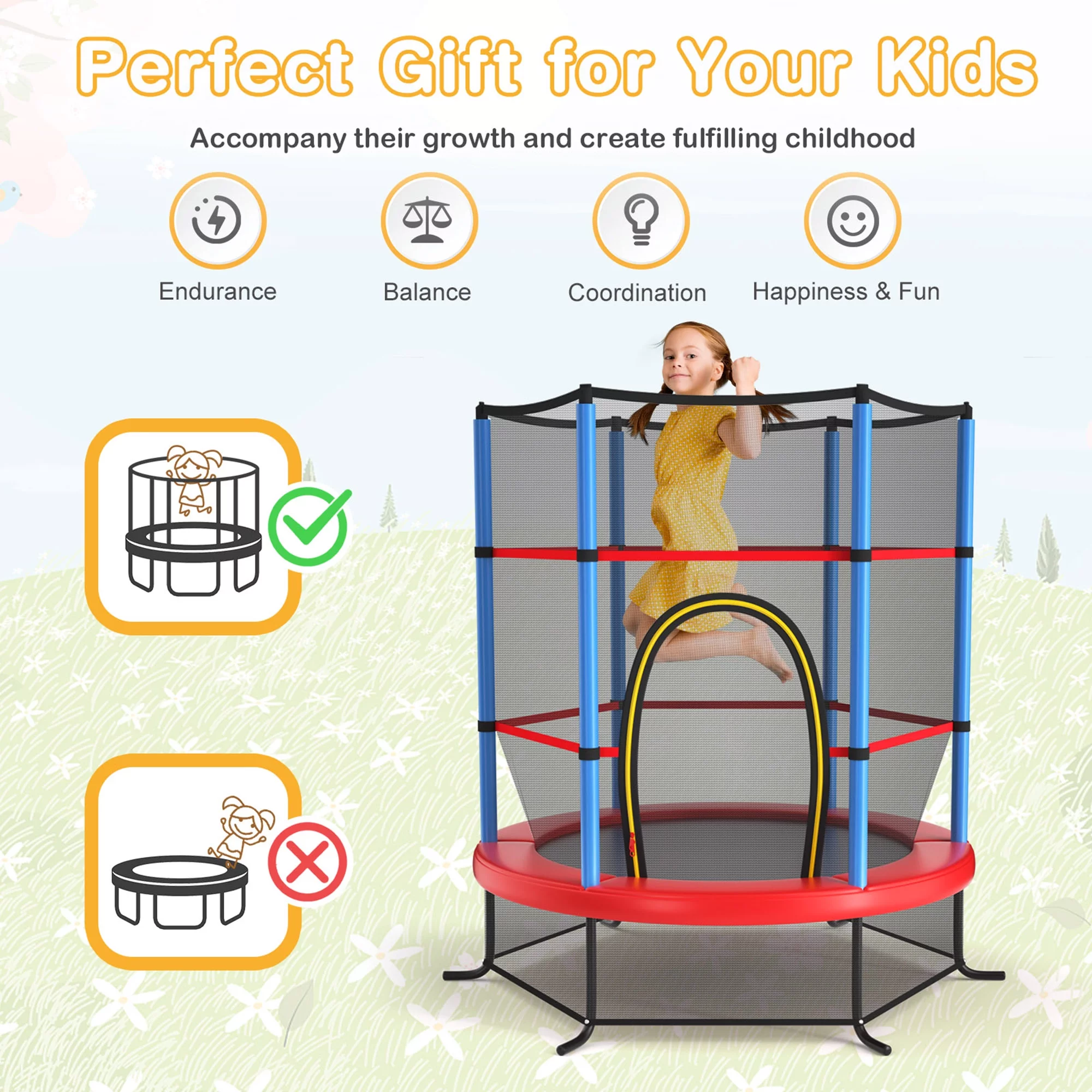 Gymax 55'' Recreational Trampoline for Kids Toddler Trampoline w/ Enclosure Net Navy - Womvr