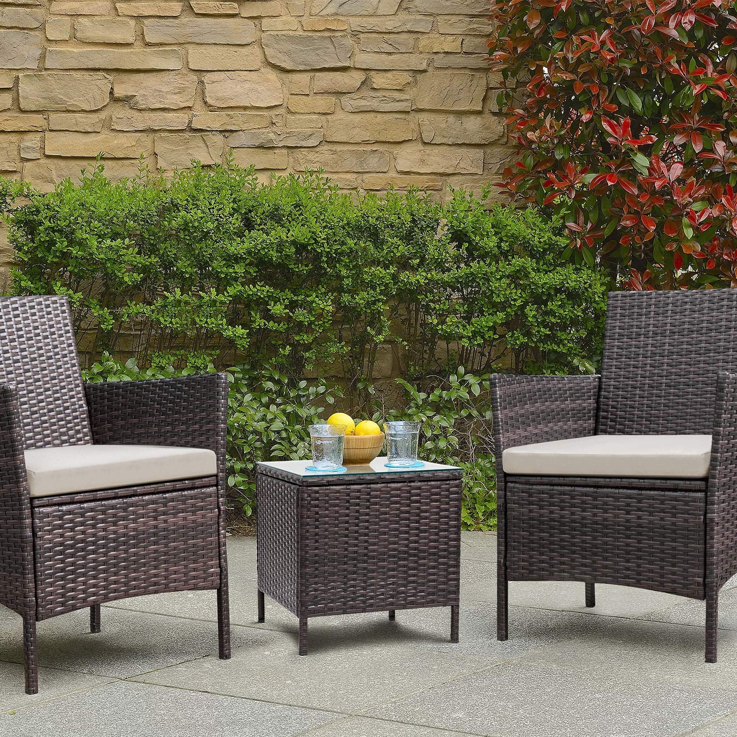Lacoo 3 Pieces Outdoor Patio Furniture PE Rattan Wicker Table and Chairs Set Bar Set with Cushioned Tempered Glass, Brown/Beige, 2 - Womvr