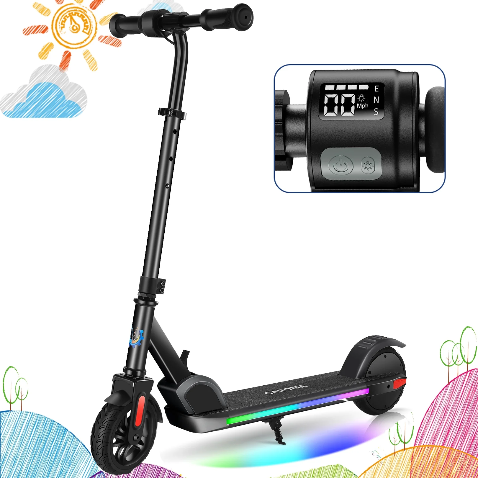 CAROMA Electric Scooter, Foldable Electric Scooter for Kids Ages 8-15, Up to 10 MPH & 7 Miles, LED Display, Colorful LED Lights, Lightweight Kids Electric Scooter, Pink - Womvr