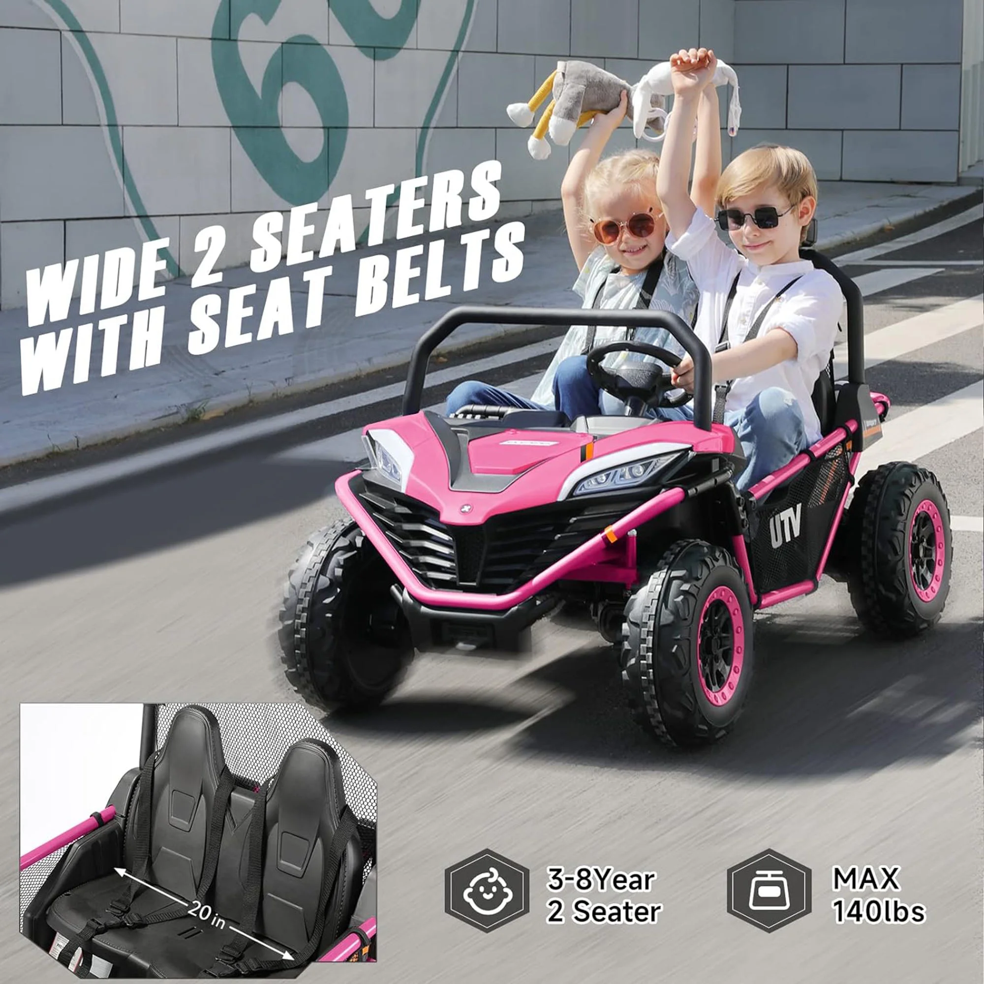 12 V Ride on Car,2 Seater Powered on Truck,4WD Electric Off-Road,Remote Control,Spring Suspension Ride on UTV for 3-8 Kids,Blue - Womvr