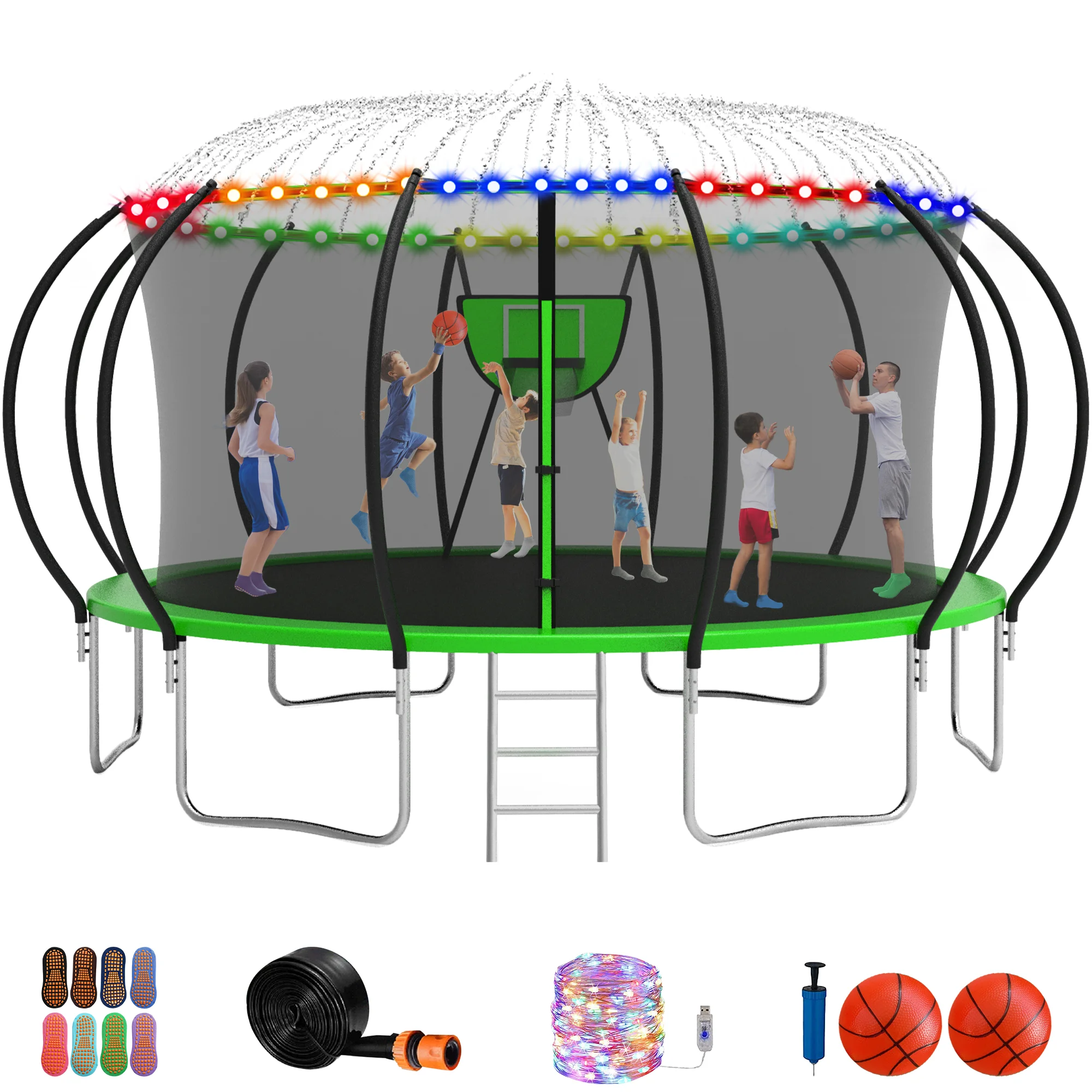 Jump Into Fun Trampoline 16FT, 1500LBS Trampoline for Adults/ 8-10 Kids, Trampoline with Enclosure, Basketball Hoop, 2 Balls, More Gifts, Galvanized Full Spray Round Outdoor Pumpkin Trampoline - Womvr