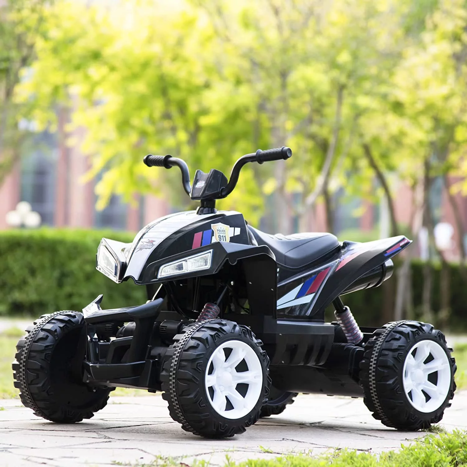 Blitzshark 24V Kids Ride on ATV 4WD Quad Powerful 4-Wheeler, with Big Battery, 6 MPH Speed, Metal Suspension, Police Rider - Womvr