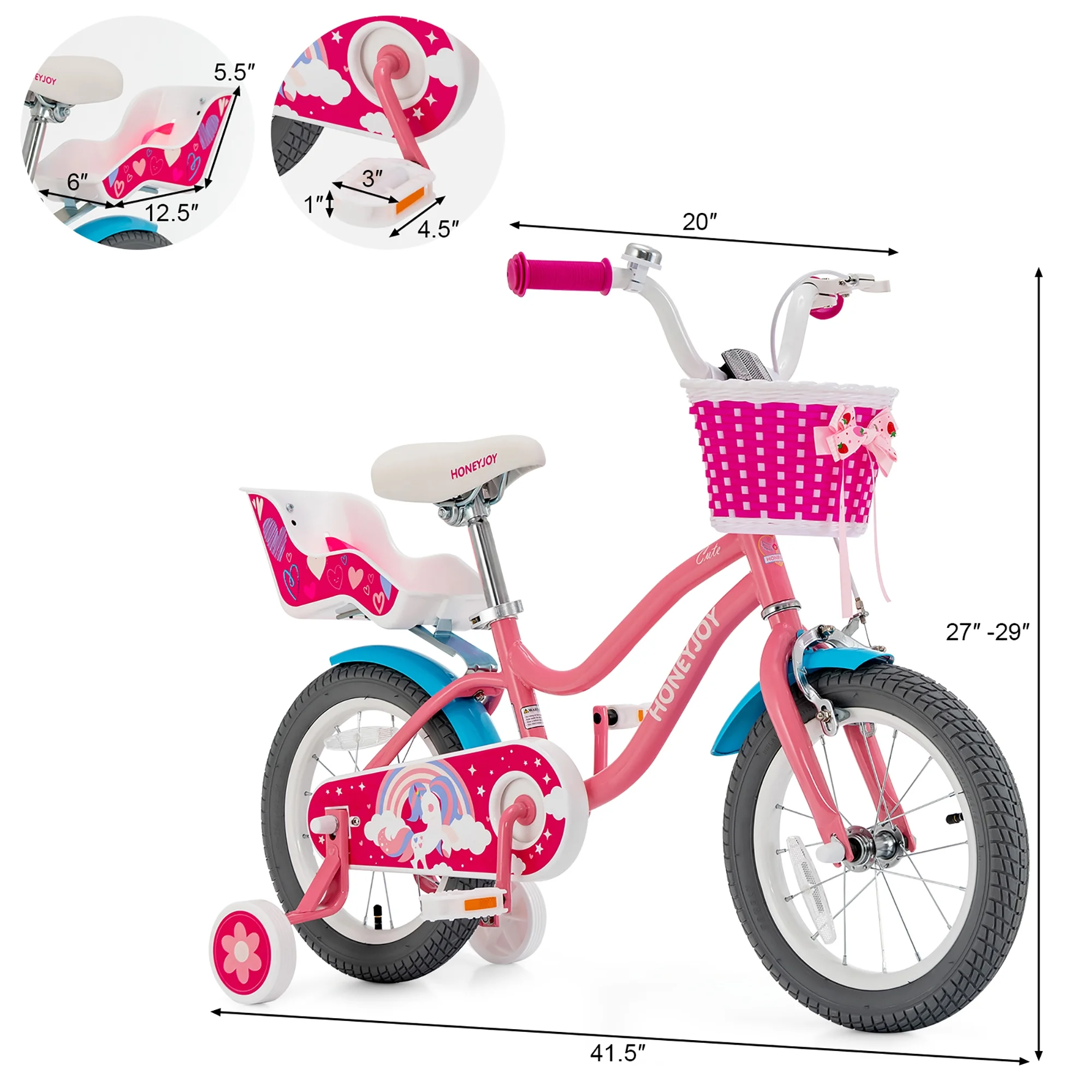 Gymax 14 Inches Kids Bicycle w/ Doll Chair & Basket Kids Bike w/ Training Wheels Pink - Womvr