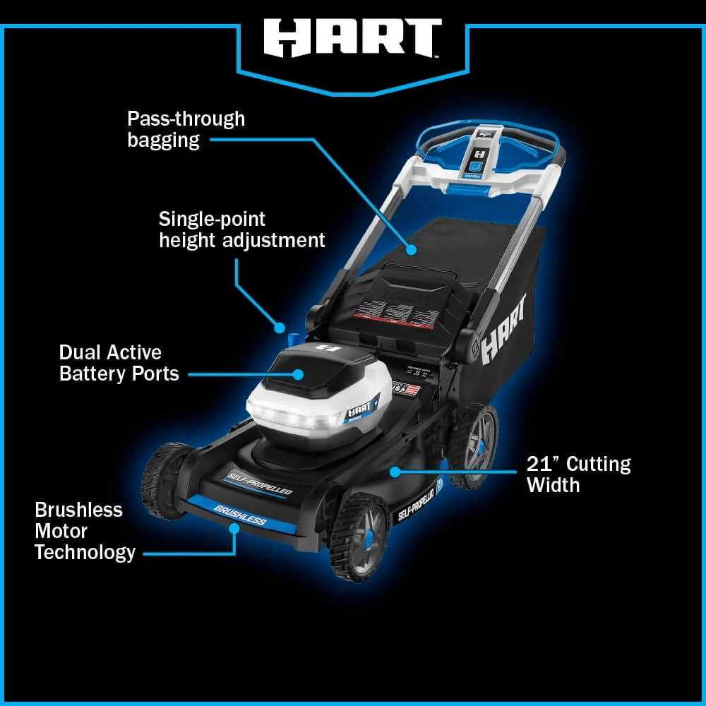 HART 40-Volt 21-inch Supercharge 3-in-1 Self-Propelled Mower Kit, (2) 6.0Ah Lithium-Ion Batteries - Womvr