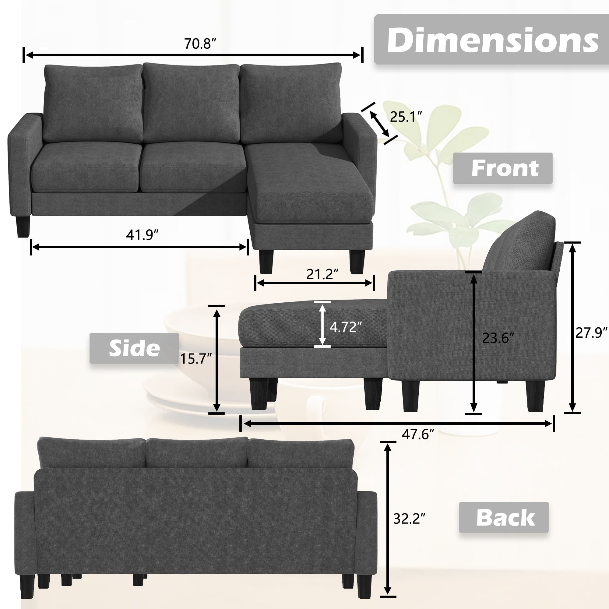 Homall Convertible Sectional Sofa Couch, Modern Linen Fabric L-Shaped Couch 3-Seat Sofa Sectional with Reversible Chaise for Small Living Room, Apartment and Small Space, Dark Gray - Womvr