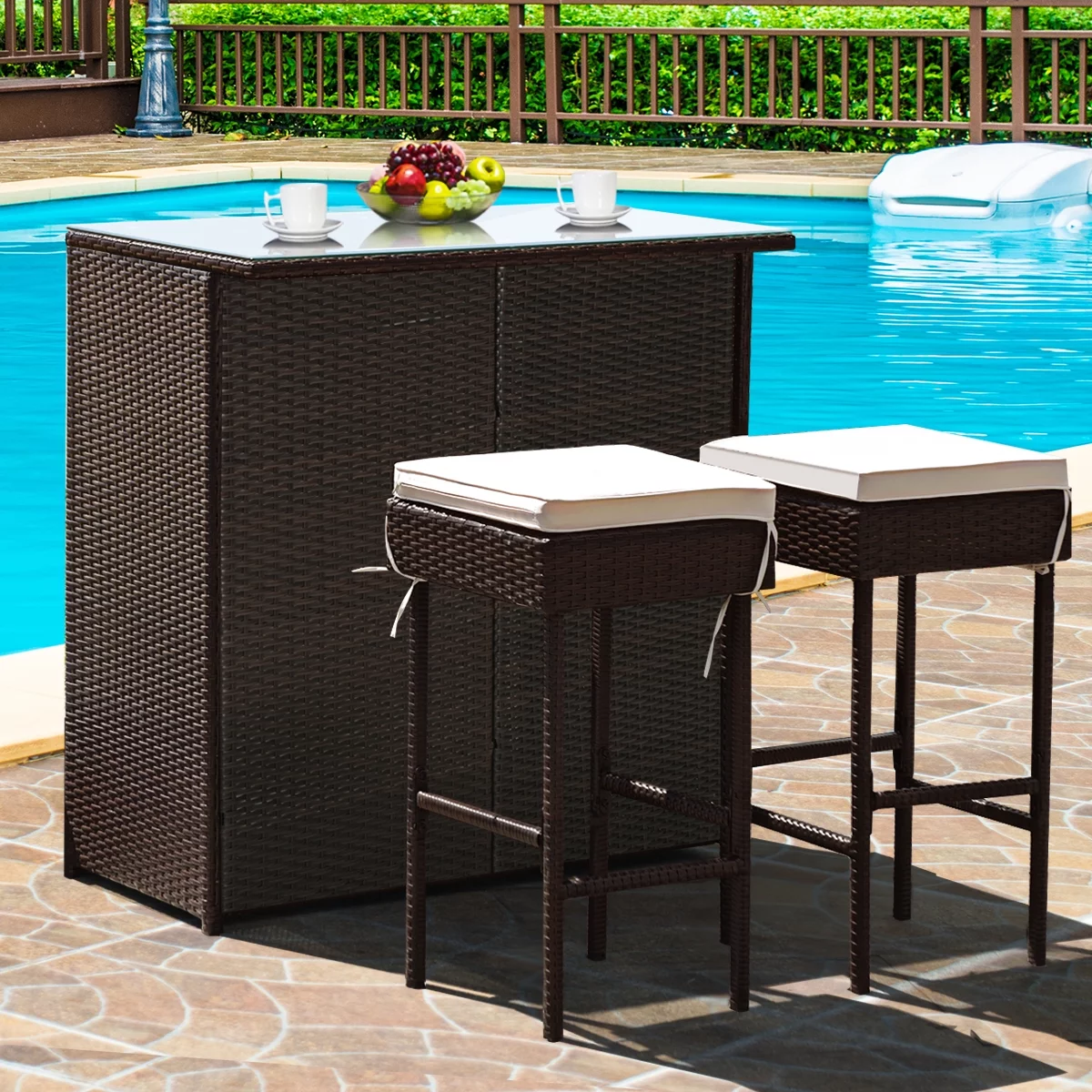 Costway 3PCS Patio Rattan Wicker Bar Table Stools Dining Set Cushioned Chairs Garden - Womvr