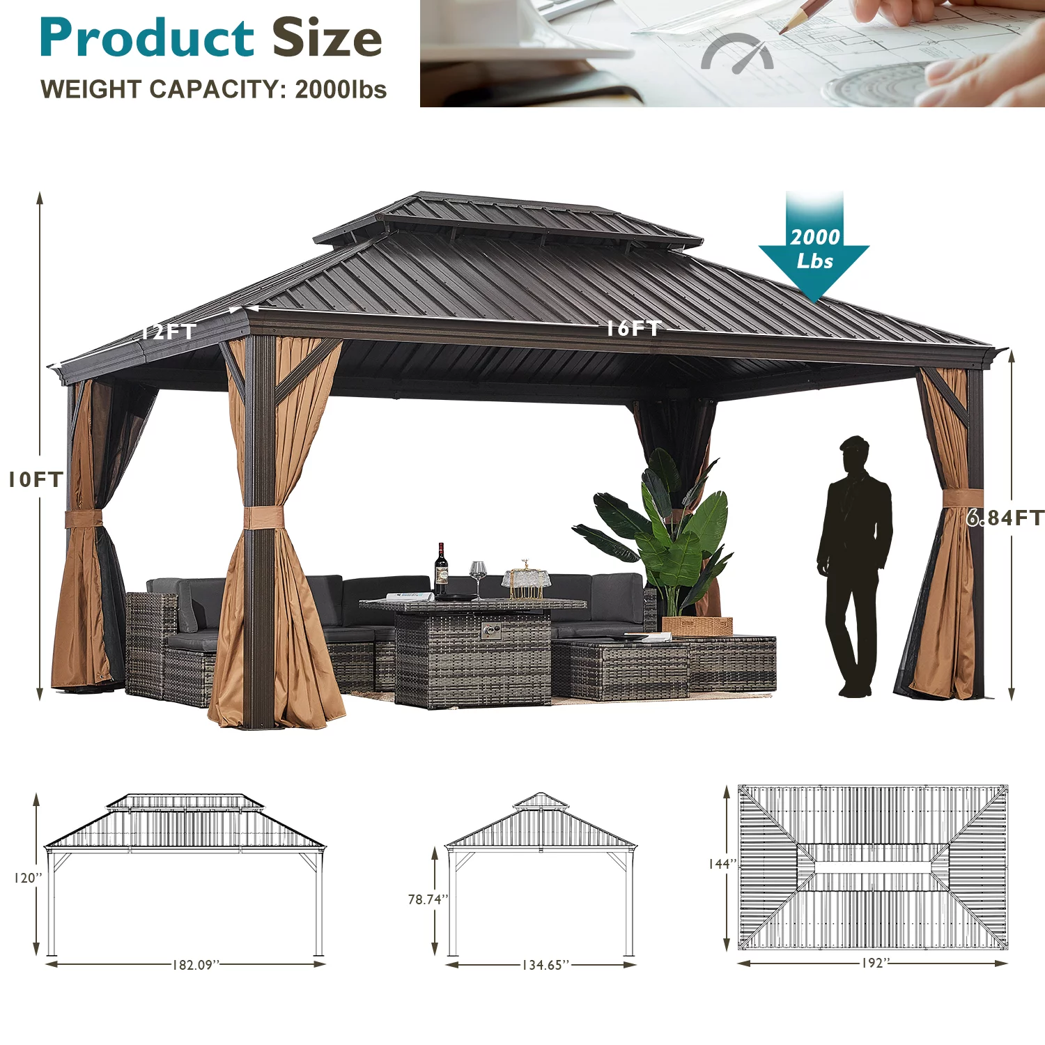 Aoxun 10'x12' Hardtop Gazebo, Outdoor Steel Double Roof Canopy, Aluminum Frame Permanent Pavilion with Curtains and Netting, Sunshade for Garden, Patio, Lawns, Black - Womvr