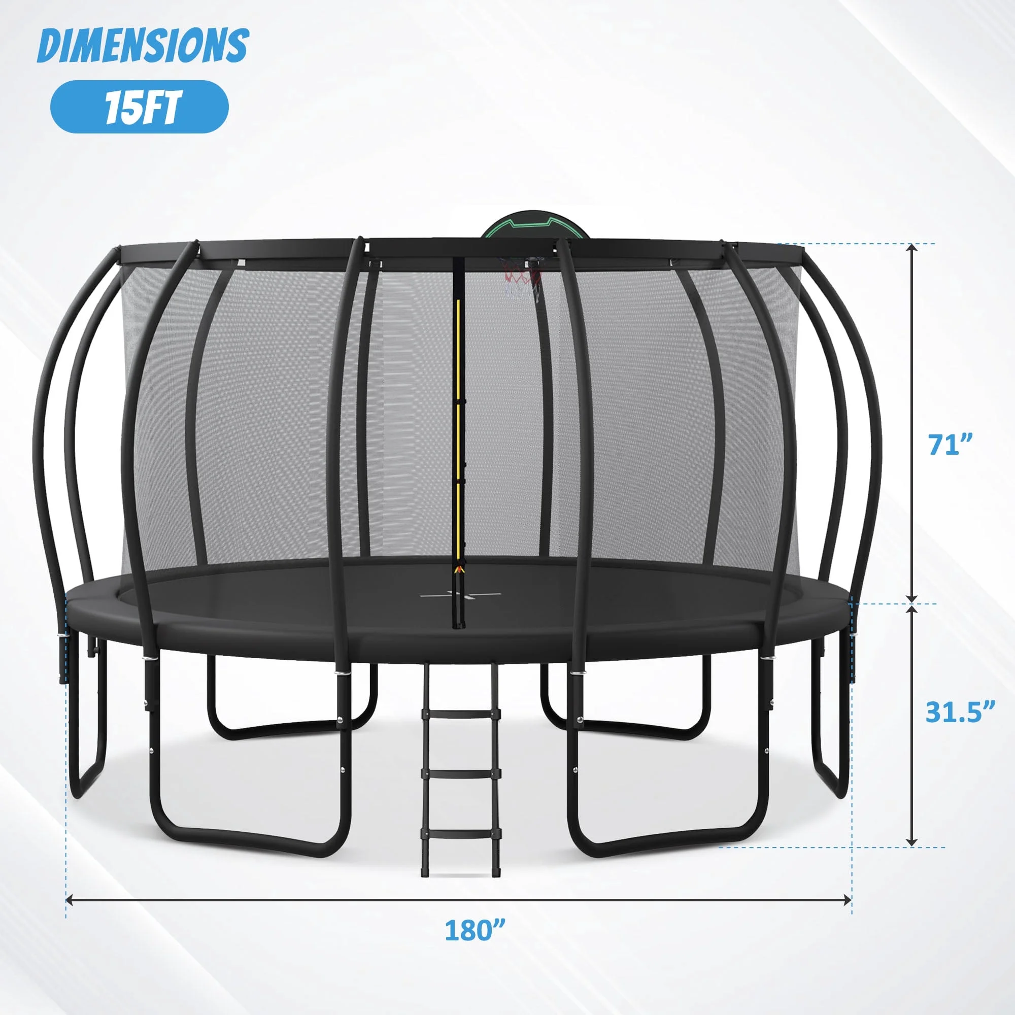 Jump Into Fun Trampoline 12FT 14FT 15FT 16FT, 1200LBS Trampoline for Adults/ 5-6 Kids, Trampoline with Enclosure, Basketball Hoop, Wind Stakes, Outdoor Upgraded Arc Pole Trampoline - Womvr