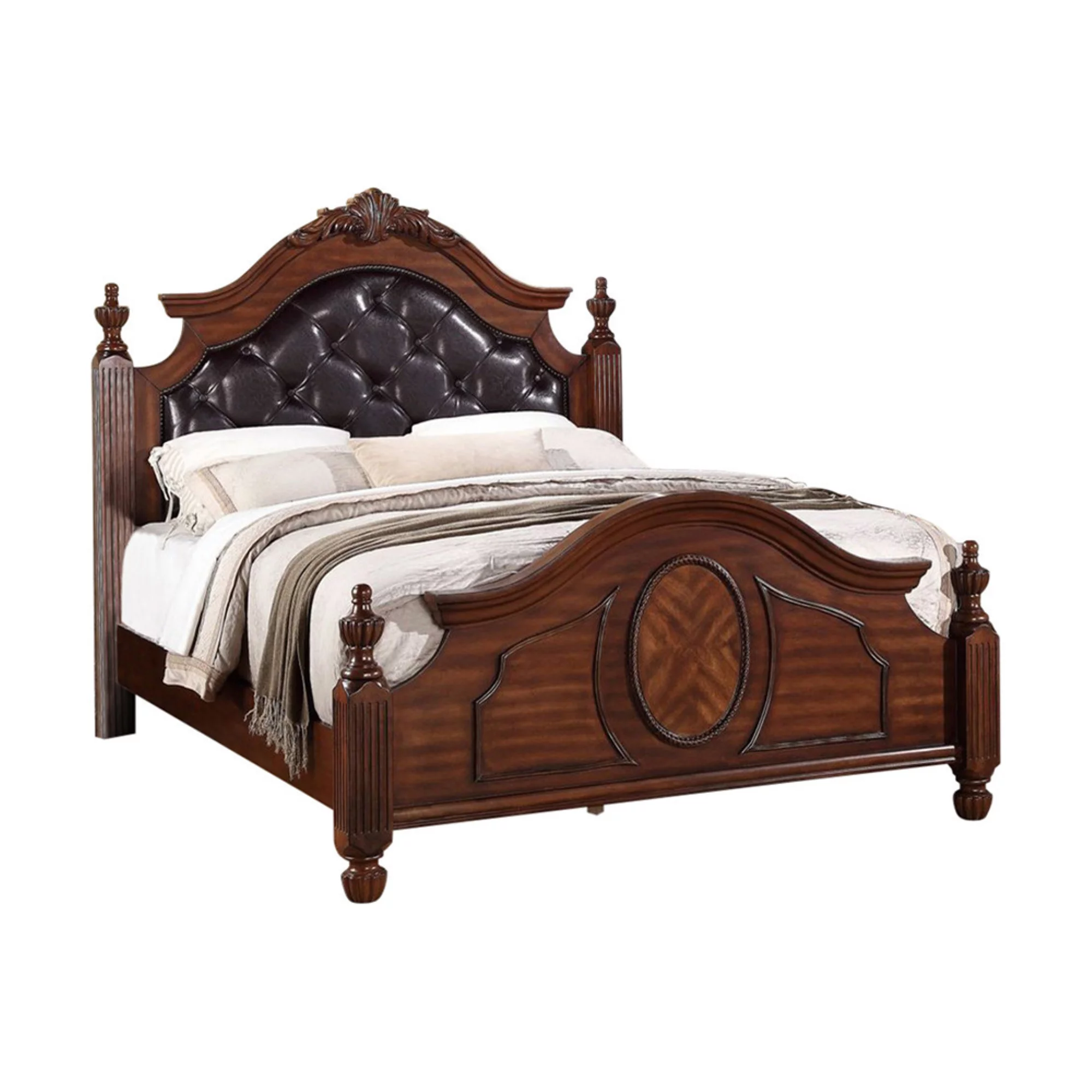 Transitional Wooden E.King Bed With PU HB & Circular Floral Design. Cherry Finish - Womvr