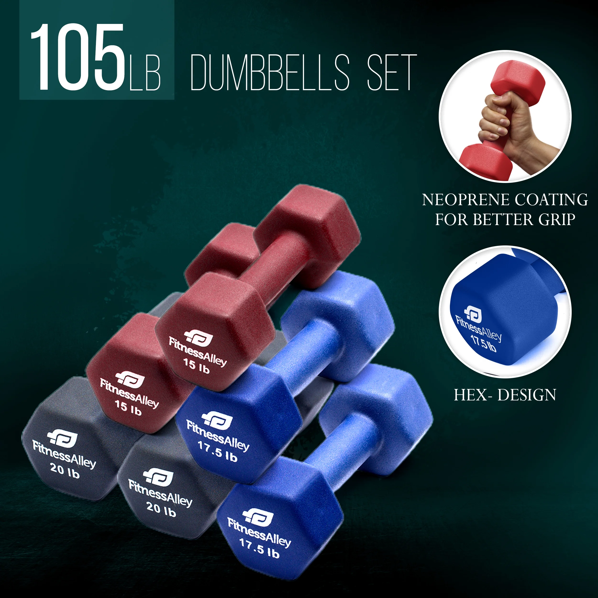 Fitness Alley Neoprene Workout Dumbbells - Non Slip, Anti Roll Exercise & Fitness Dumbbells Combo - Hex Shaped Hand weights for Men & Women(2, 4, 6, 8, & 10lb Dumbbells) - Womvr