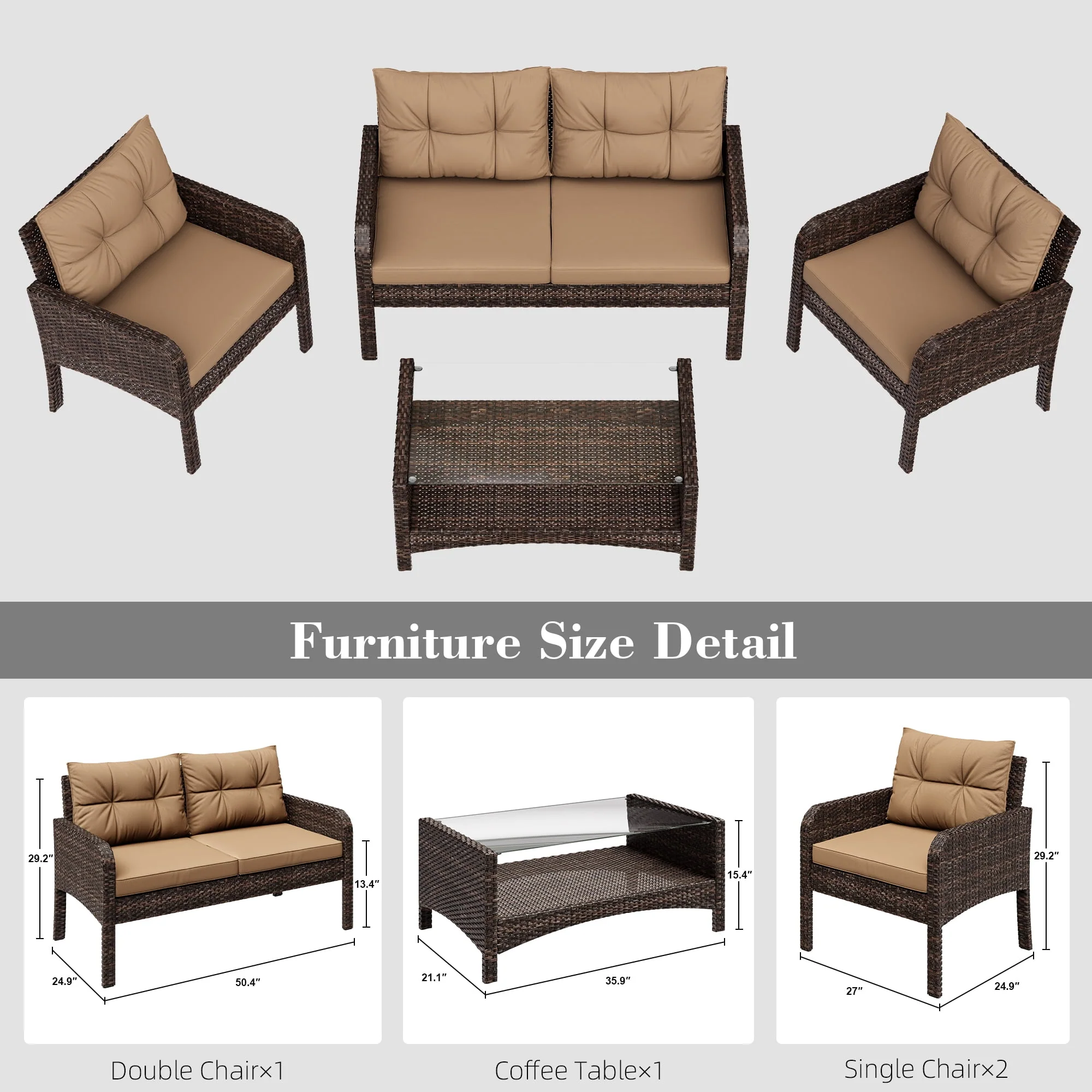 Bifanuo 4-Piece Patio Furniture Set Outdoor Rattan Wicker Sofa Set with Cushions & Coffee Table, Conversation Sofa Set with Tempered Glass Table Top - Womvr