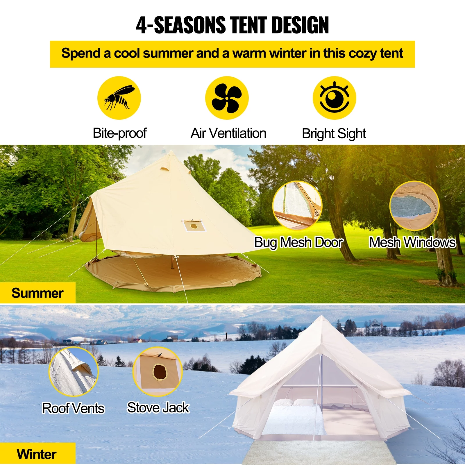 BENTISM Canvas Bell Tent 9.84ft Cotton Canvas Tent with Wall Stove Jacket Glamping Tent Waterproof Bell Tent for Family Camping Outdoor Hunting in 4 Seasons - Womvr