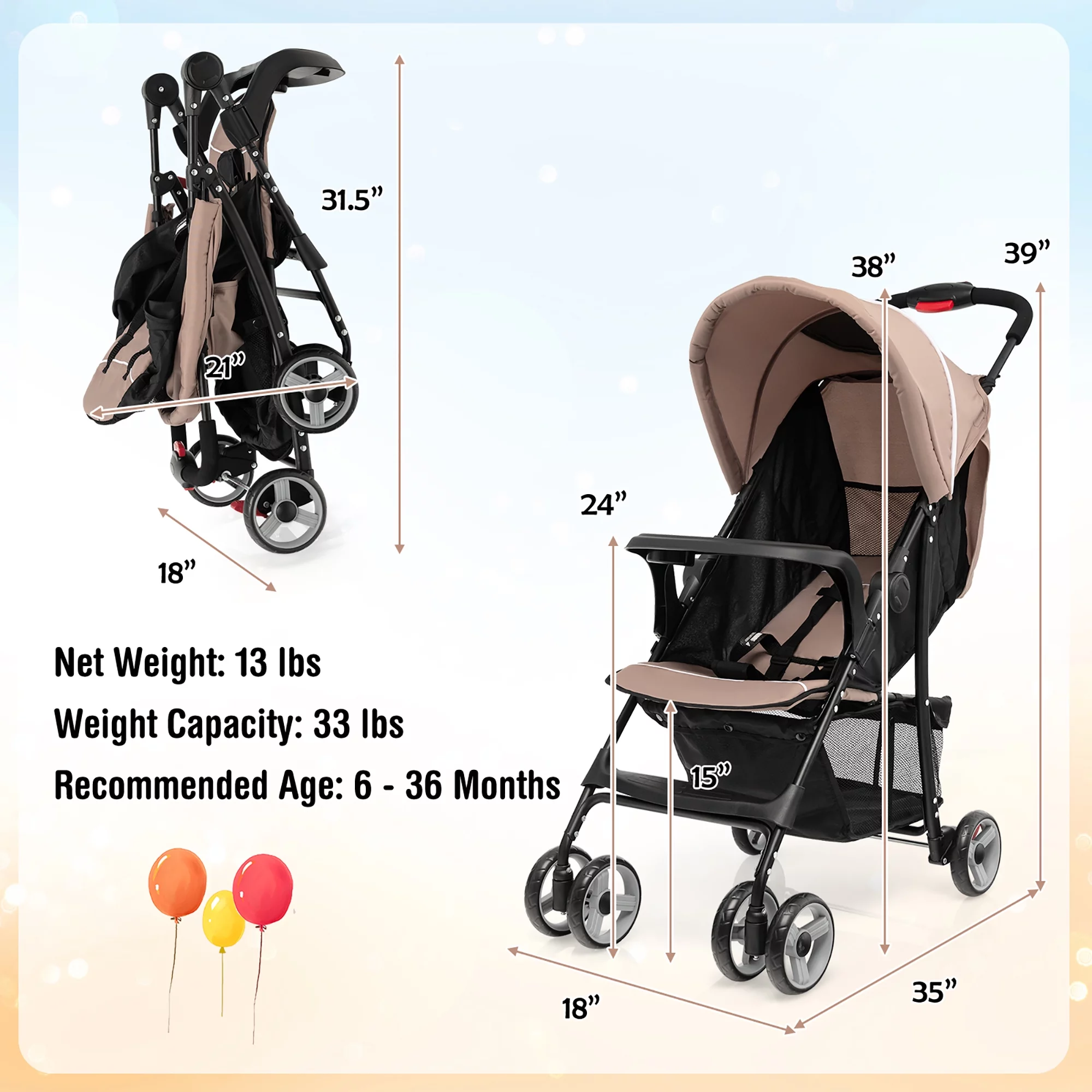 Costway Foldable Lightweight Baby Stroller Kids Travel Pushchair 5-Point Safety System Coffee - Womvr