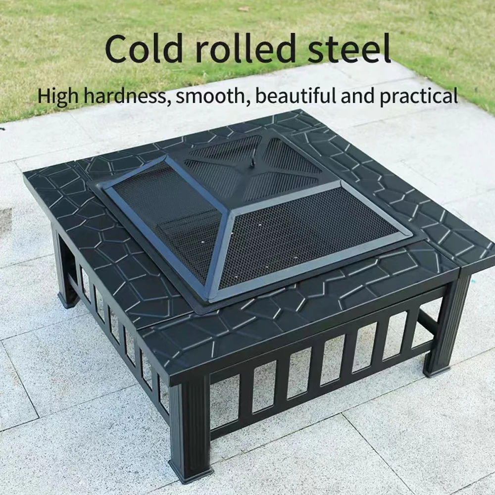 Multifunctional Fire Pit Table, Metal Fire Pit for Outside Stone Pattern, Wood Burning Outdoor Fireplace with Screen Lid/Poker for Backyard Patio Garden, 32