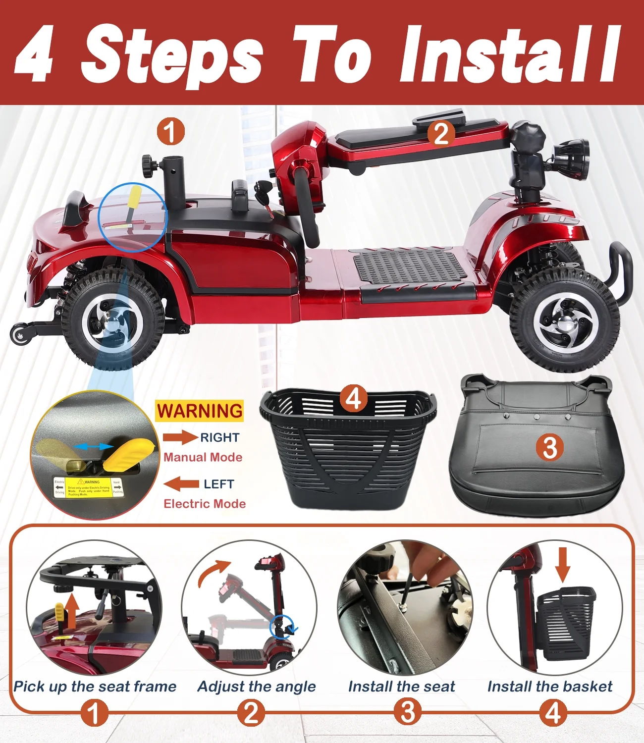 EazinGo 4 Wheel Mobility Scooter, Luxury Travel Electric Scooter for Adults Support 300Lbs - Womvr