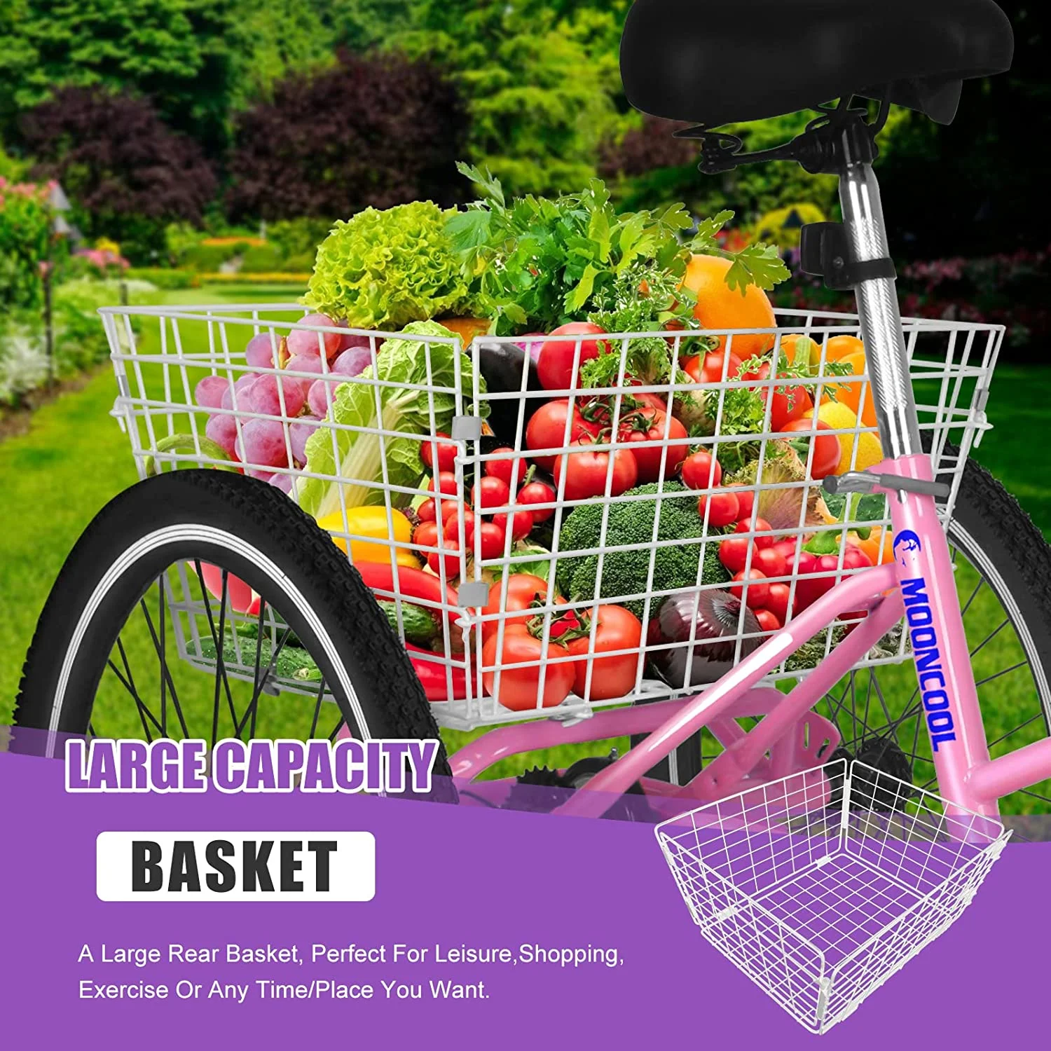 MOONCOOL Adult Folding Tricycle, 7 Speed 20/24/26 inch Adult Tricycles, Three Wheel Bike Cruiser Trike with Large Basket - Womvr
