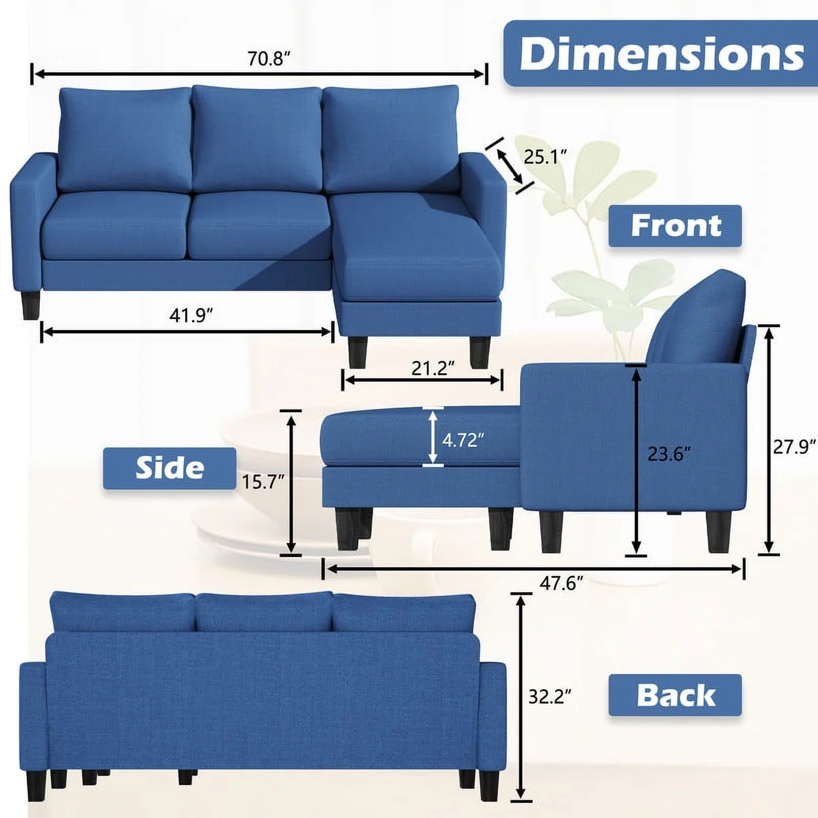 Homall Convertible Sectional Sofa Couch, Modern Linen Fabric L-Shaped Couch 3-Seat Sofa Sectional with Reversible Chaise for Small Living Room, Apartment and Small Space, Dark Gray - Womvr