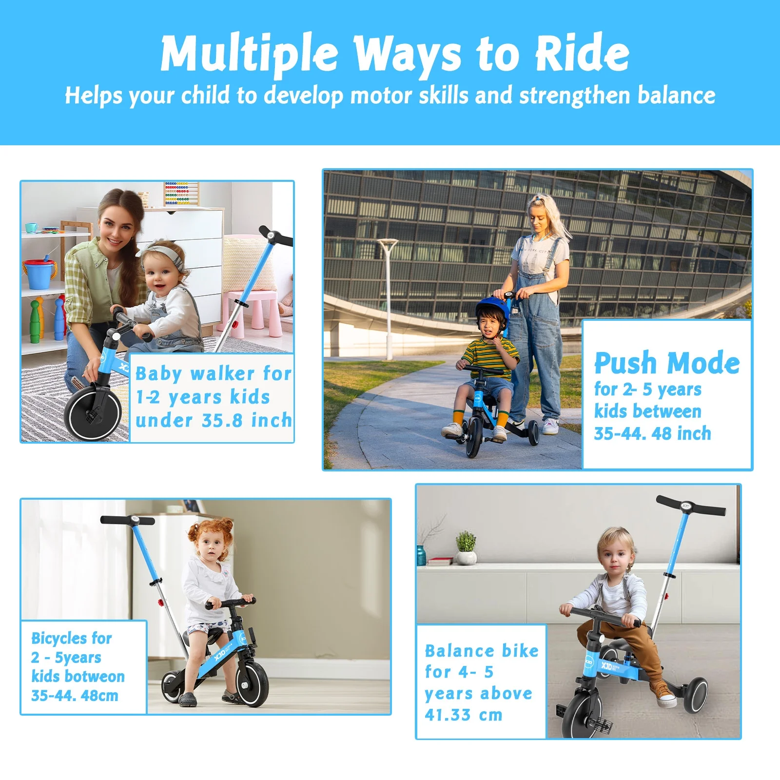 XJD 7 in 1 Toddler Tricycle with Push Handle,Toddler Bike for 1-3 Years Old Boy Girl, Toddler Push Tricycle, Baby Bike Balance Bike with Adjustable Seat Height and Removable Pedal - Womvr