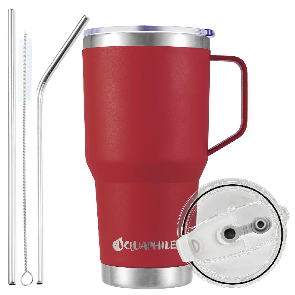 AQUAPHILE 30oz Stainless Steel Insulated Coffee Mug with Handle, Double Walled Vacuum Travel Cup with Lid & Straw, Reusable Thermal Coffee Cup, Portable Coffee Tumbler,Light Blue - Womvr