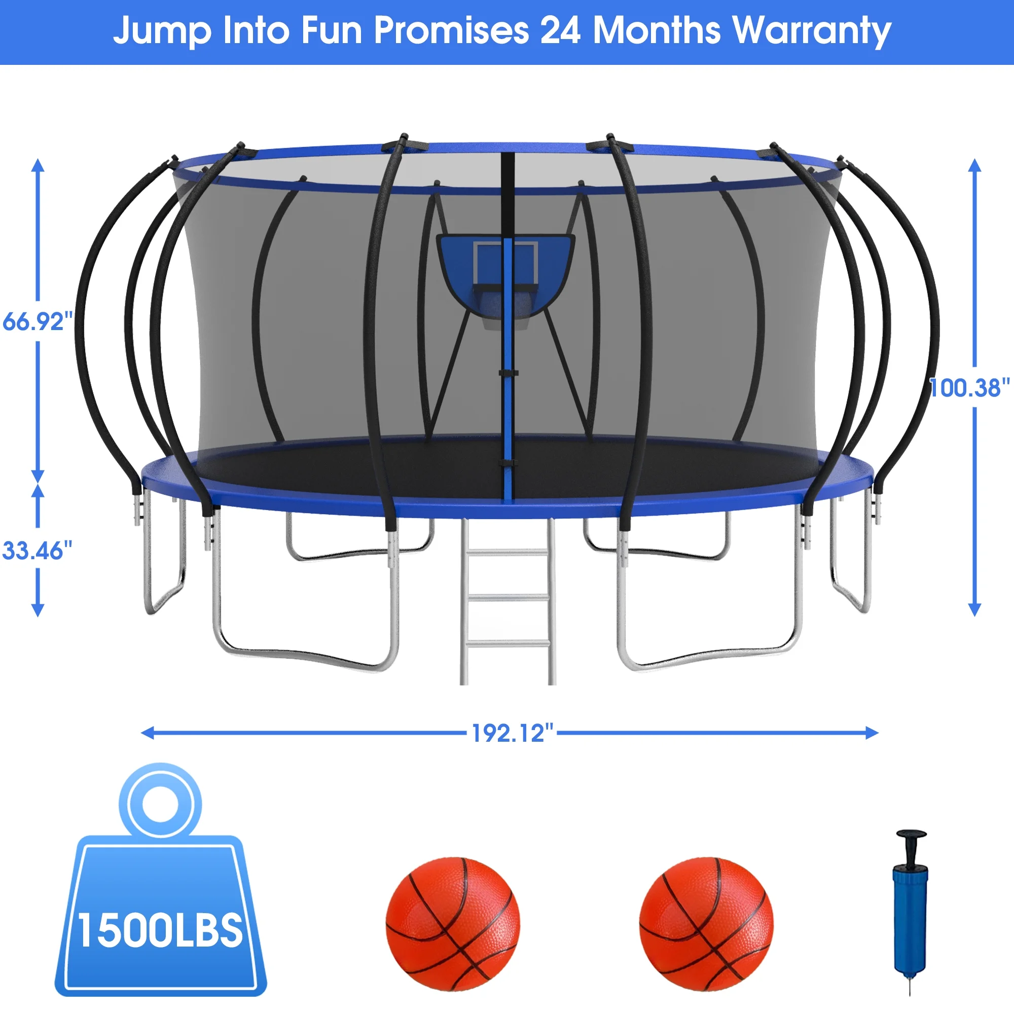Jump Into Fun Trampoline 16FT, 1500LBS Trampoline for Adults/ 8-10 Kids, Trampoline with Enclosure, Basketball Hoop, 2 Balls, More Gifts, Galvanized Full Spray Round Outdoor Pumpkin Trampoline - Womvr