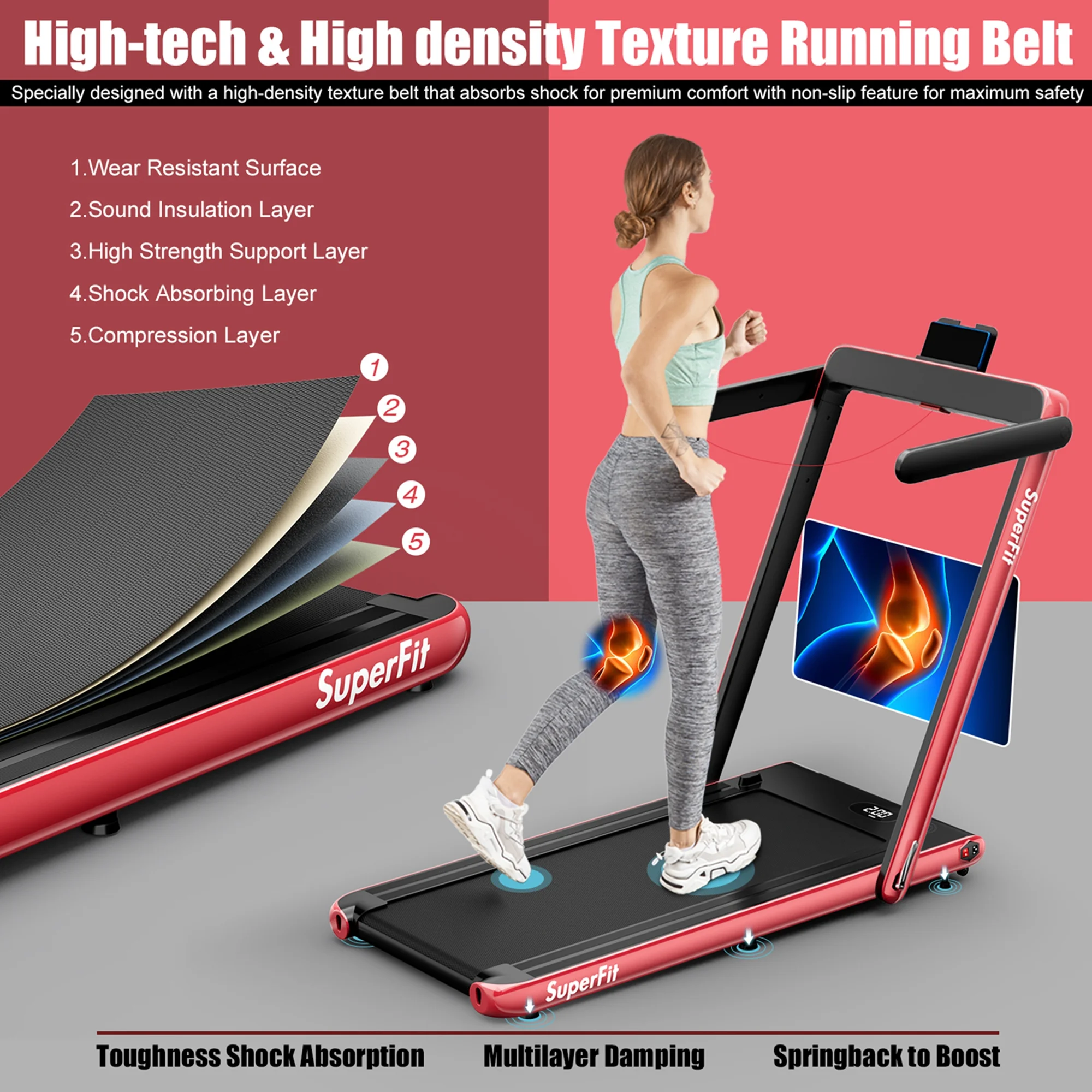 SuperFit Up To 7.5MPH 2.25HP 2 in 1 Single Display Screen Folding Treadmill Remote Control W/ APP Control Speaker Black - Womvr