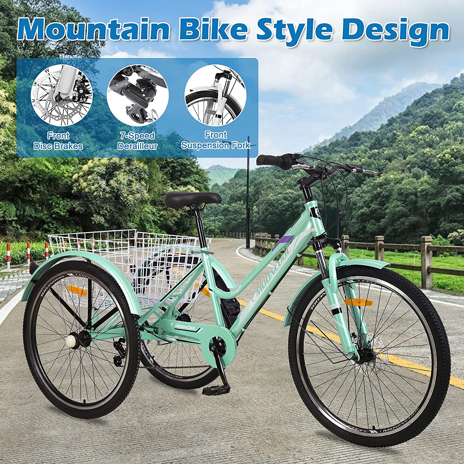 Docred Adult Tricycle, 7 Speed Three Wheel Mountain Bike, 24/26/27.5 inch Adults Trikes ,Load capacity 420 lbs - Womvr