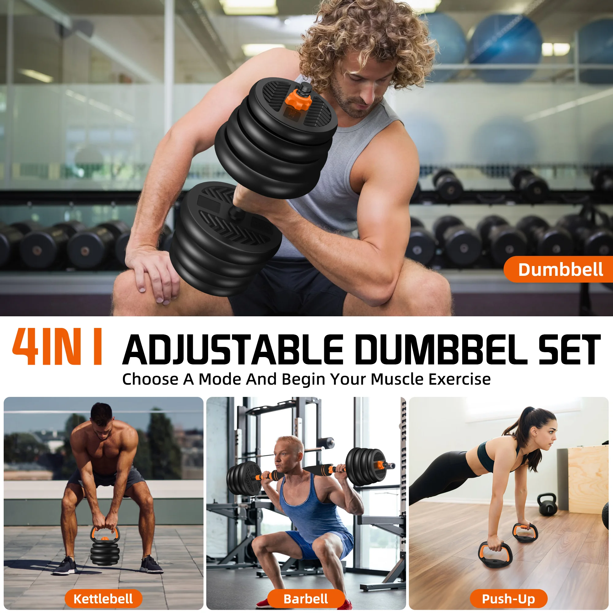 ARVAKOR 66LBS 4 in 1 Adjustable Dumbbell Set with Connecting Rod Used as Barbell, Kettlebells, Push up Stand, Fitness Exercises for Home Gym, Orange - Womvr