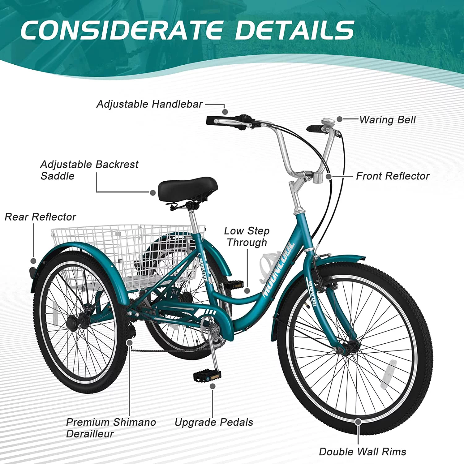 Docred Adult Tricycle 7 Speed 24 Inch Three Wheel Bike Cruiser Trike for Men/Women/Seniors - Womvr