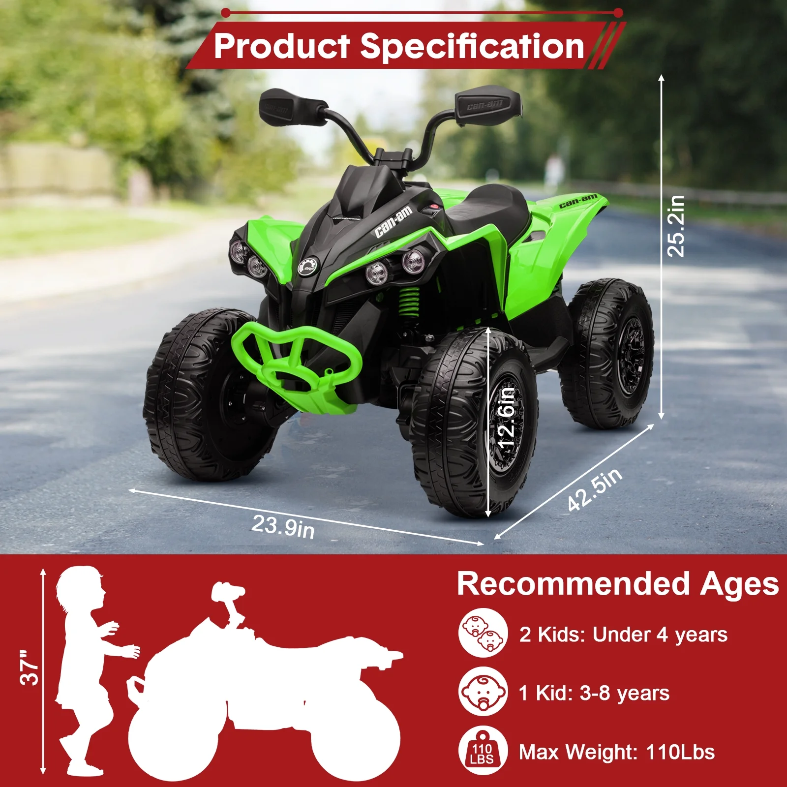 24V Ride on Toys, 4 Wheeler ATV for Kids with 2 Seater, 4x200W Motors, 4WD/2WD Switchable, Khaki - Womvr