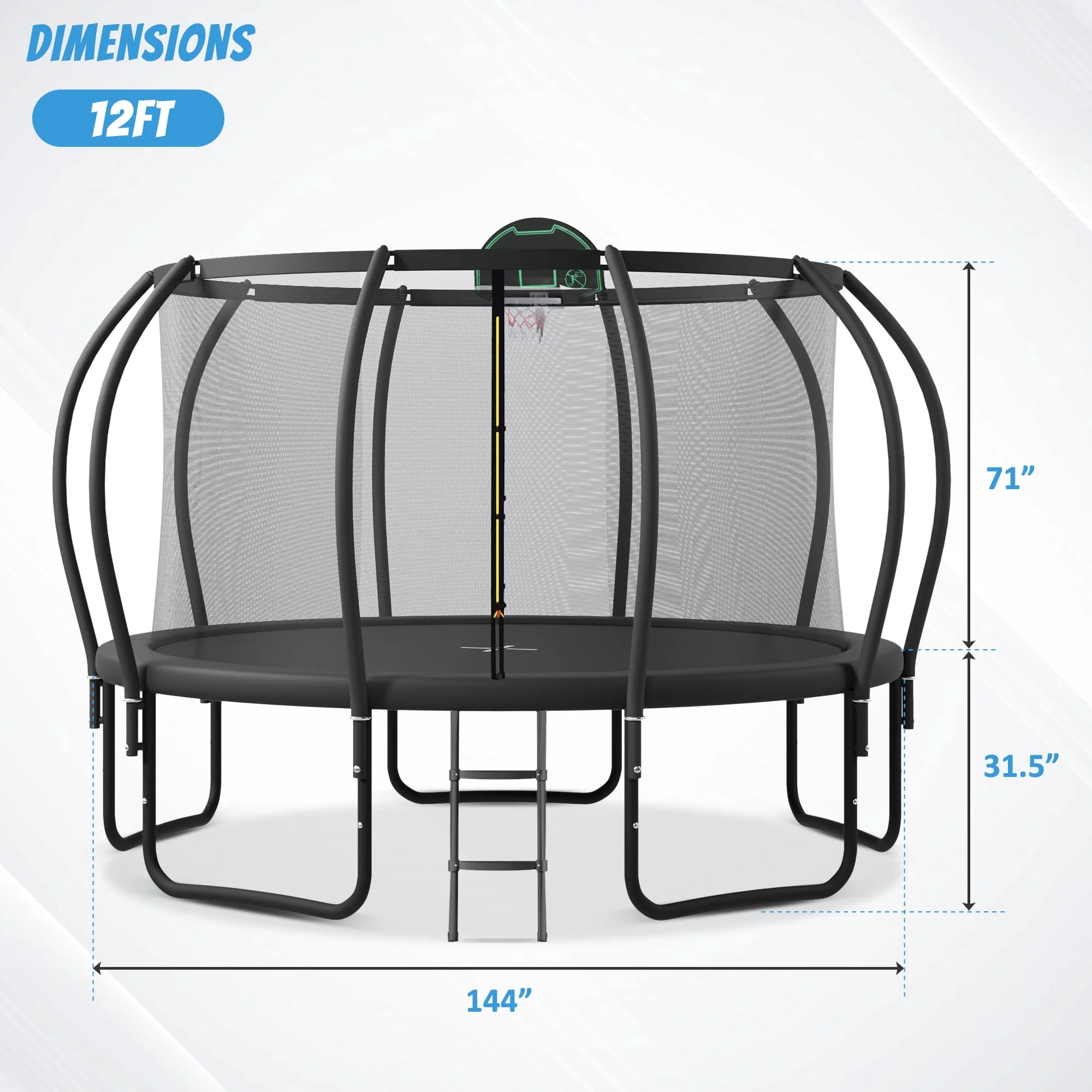 Jump Into Fun Trampoline 12FT 14FT 15FT 16FT, 1200LBS Trampoline for Adults/ 5-6 Kids, Trampoline with Enclosure, Basketball Hoop, Wind Stakes, Outdoor Upgraded Arc Pole Trampoline - Womvr