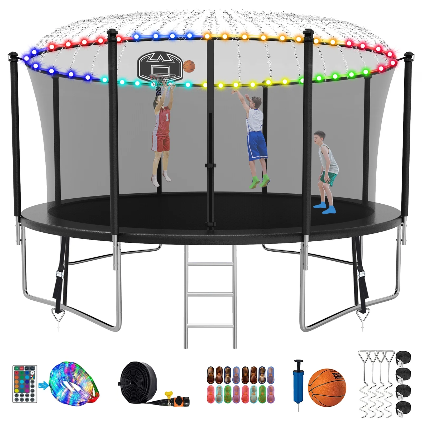 Kumix Trampoline with Enclosure, 1200LBS 12 14 15 16FT Trampoline for Kids Adults, Trampoline with Basketball Hoop, Lights, Sprinkler and Socks, Outdoor Heavy Duty Trampoline - Womvr