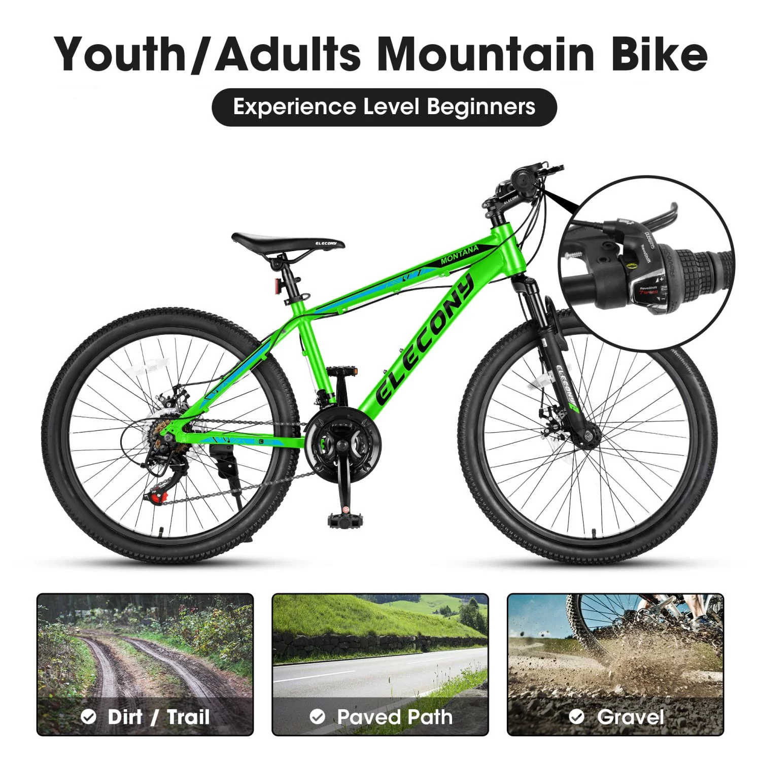 24 inch Mountain Bike, Shimano 21 Speed Drive, Dual Disc Brake, Front Suspension MTB For Boy Girl - Womvr