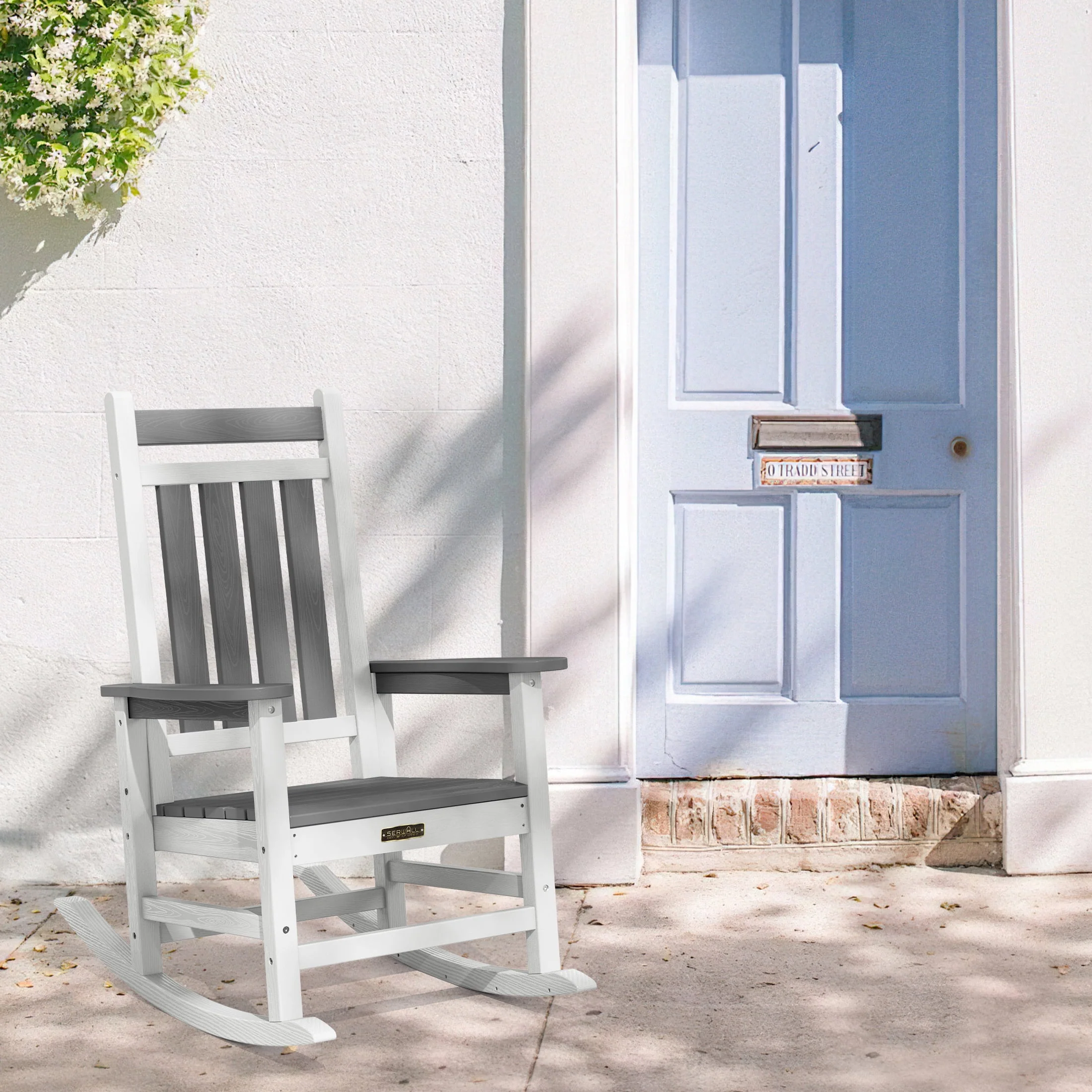 SERWALL Outdoor Oversized Slat Rocking Chair, HDPE Plastic Porch Rocker, Gray - Womvr