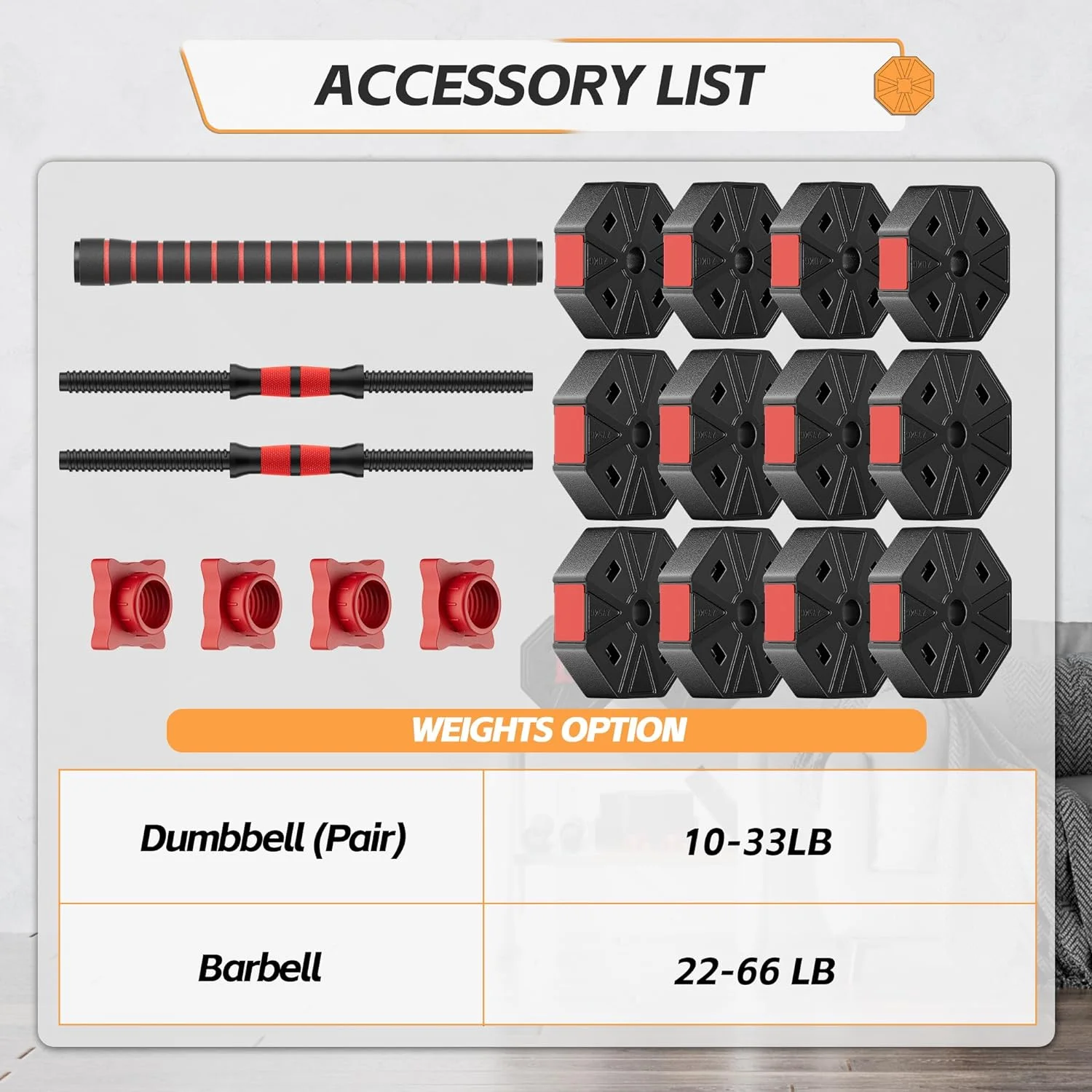 FIXTECH 66LB Adjustable Dumbbells Set, Weight Plate with Connector Used as Barbell, Fitness Strength Exercises for Home Gym, Red - Womvr