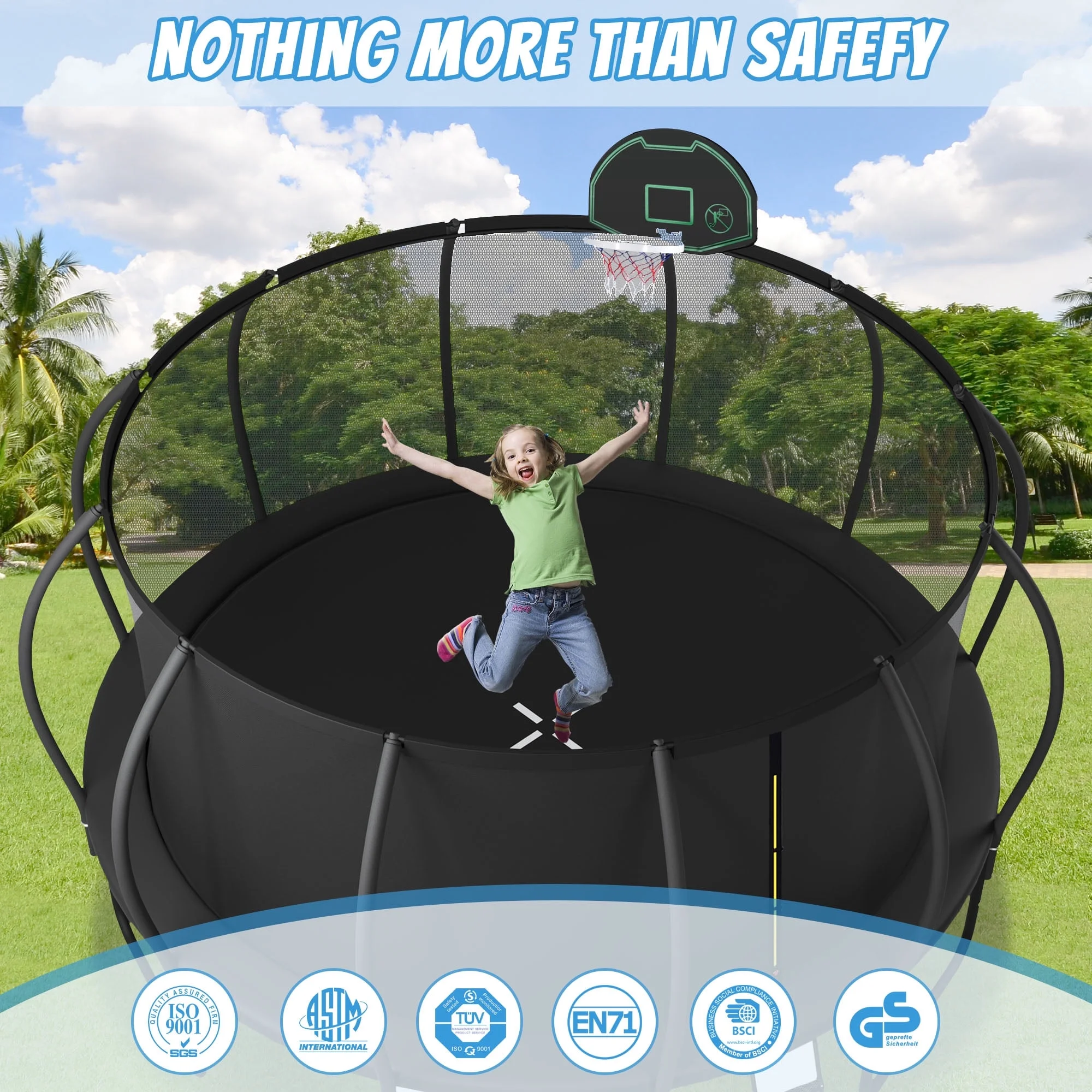 Jump Into Fun Trampoline 12FT 14FT 15FT 16FT, 1200LBS Trampoline for Adults/ 5-6 Kids, Trampoline with Enclosure, Basketball Hoop, Wind Stakes, Outdoor Upgraded Arc Pole Trampoline - Womvr
